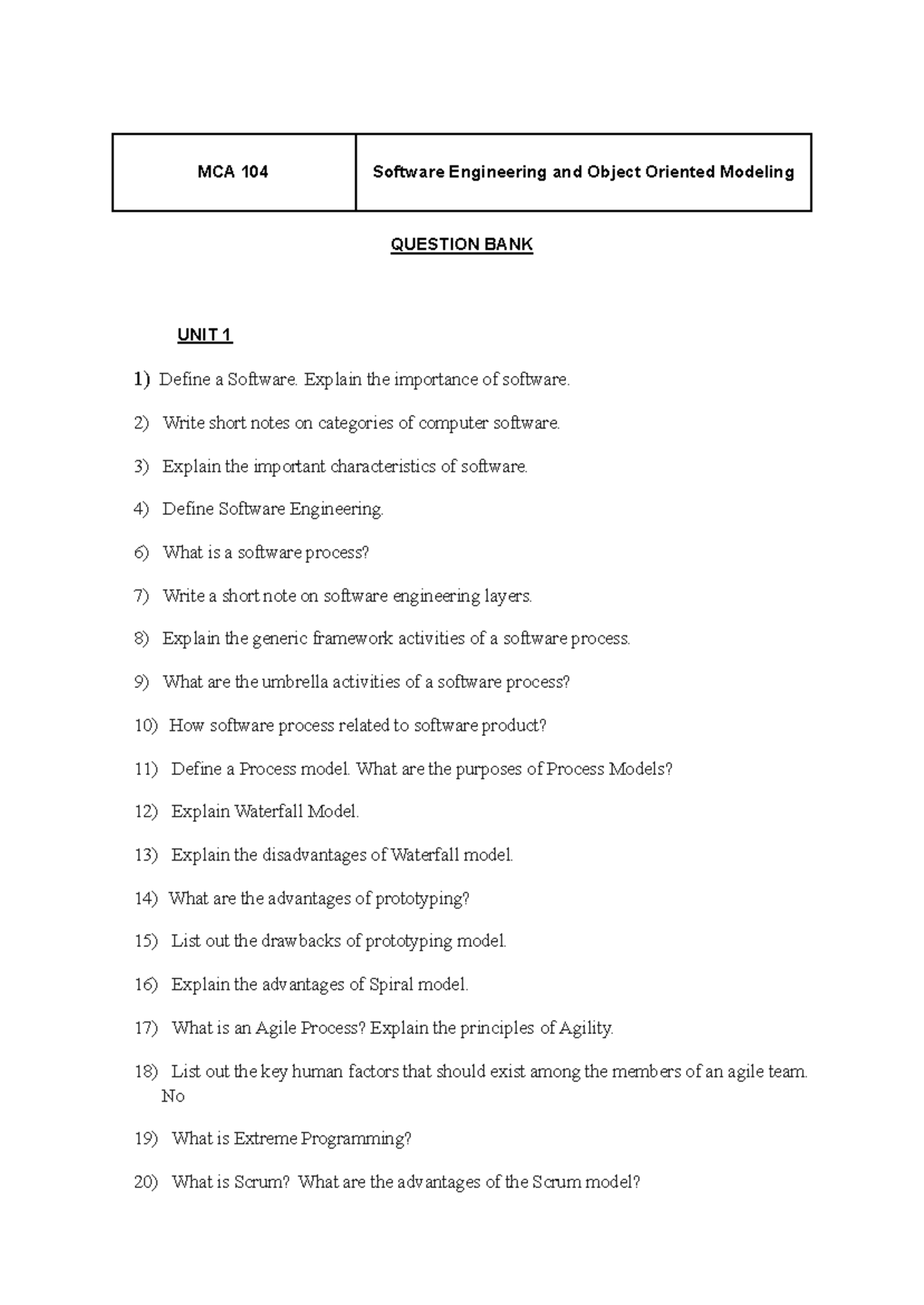 MCA 104 Question Bank: Comprehensive Software Engineering Overview ...