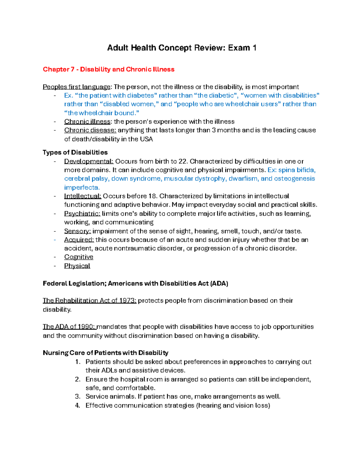 Exam 1 Study Guide: Adult Health Concepts on Disability & Chronic ...