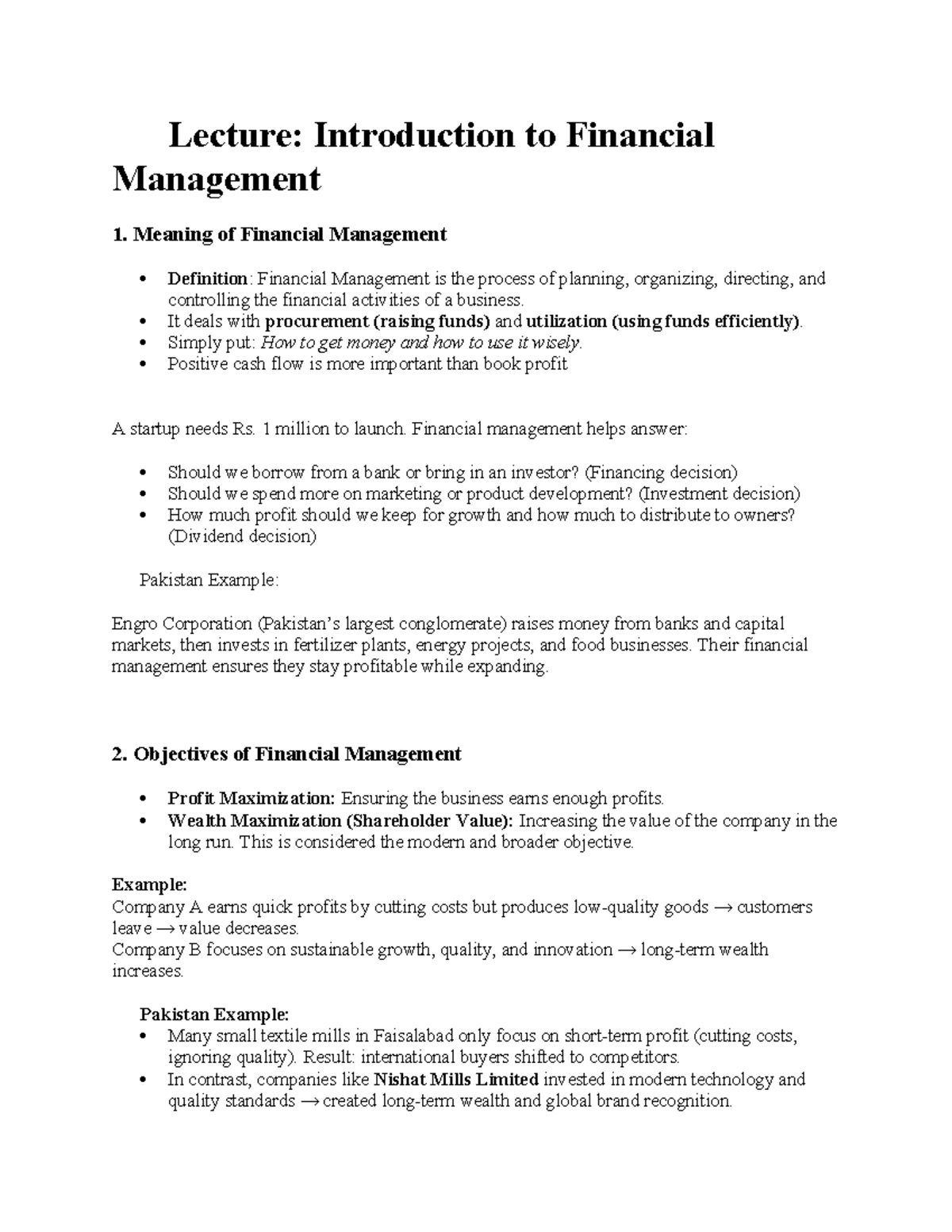 FM Chapter 1: Introduction to Financial Management Overview - Studocu