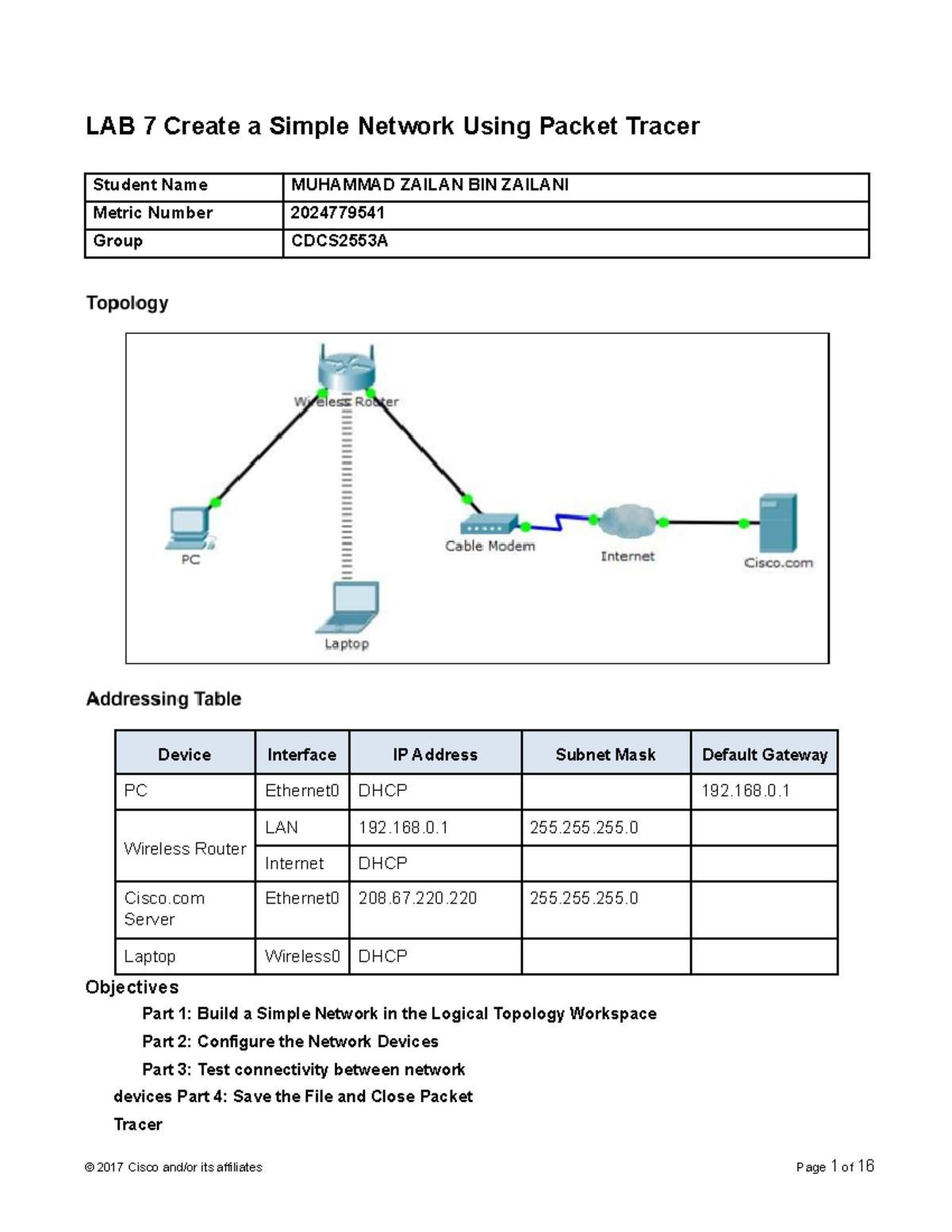 Lab 7 - Create a Simple Network - LAB 7 Create a Simple Network Using ...
