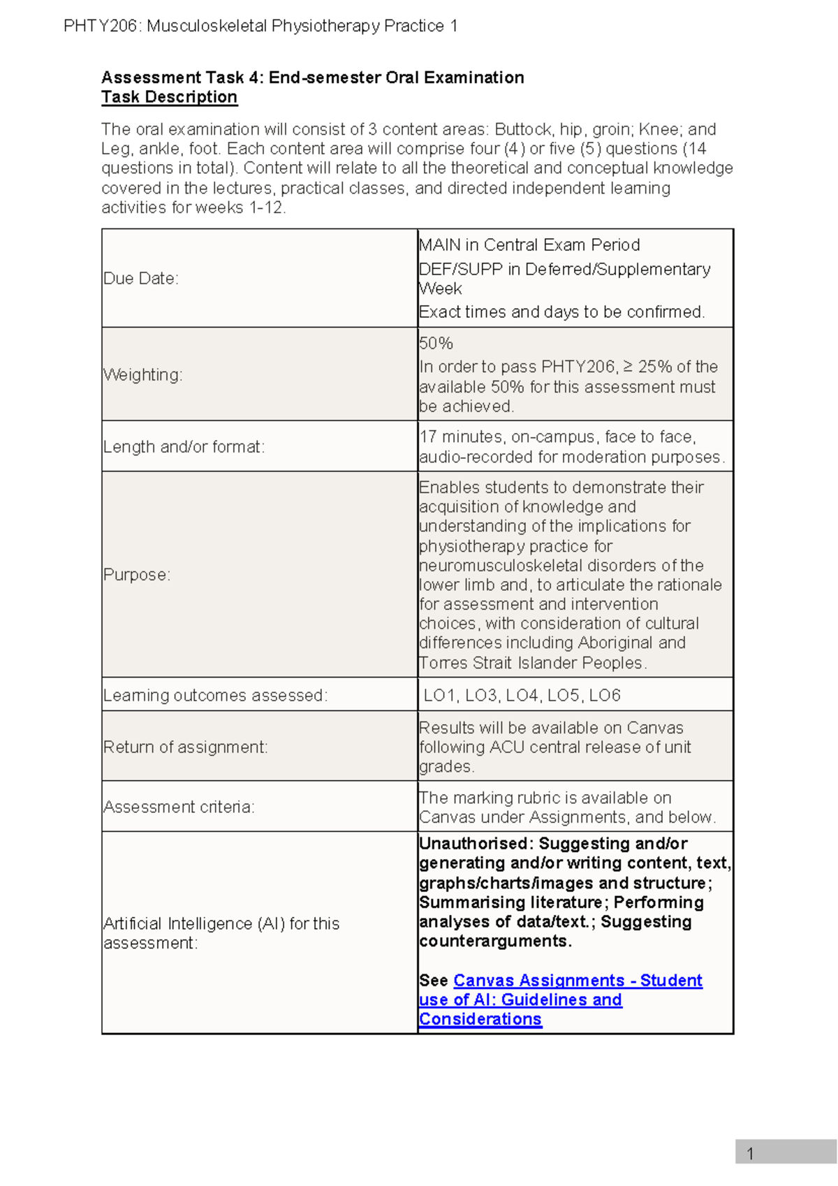 PHTY206: Musculoskeletal Physiotherapy Practice 1 - Oral Exam Guide ...