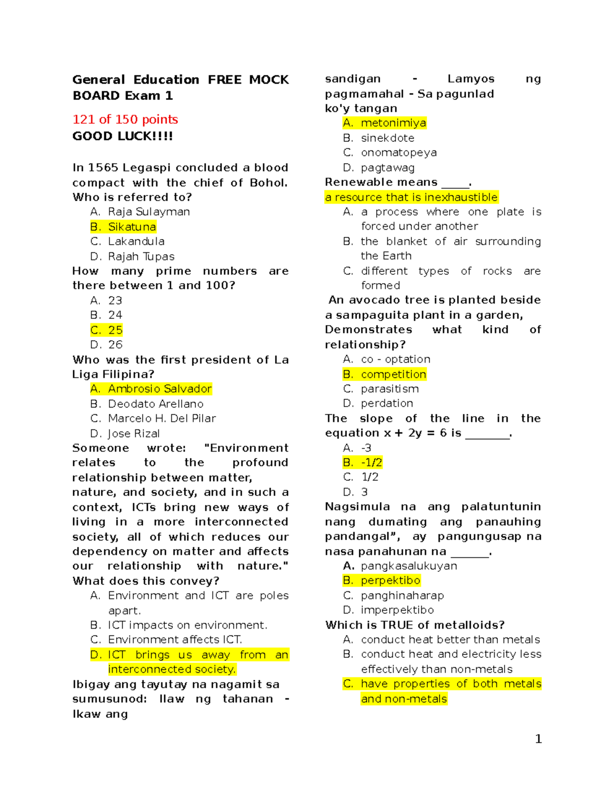 General Education FREE MOCK Board Exam 1: Key Questions & Answers - Studocu
