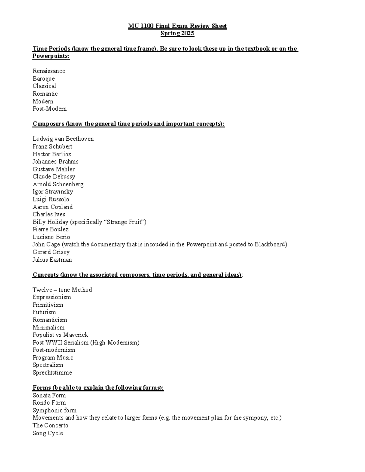 MU 1100 Final Exam Review Sheet: Key Topics and Concepts for Spring ...