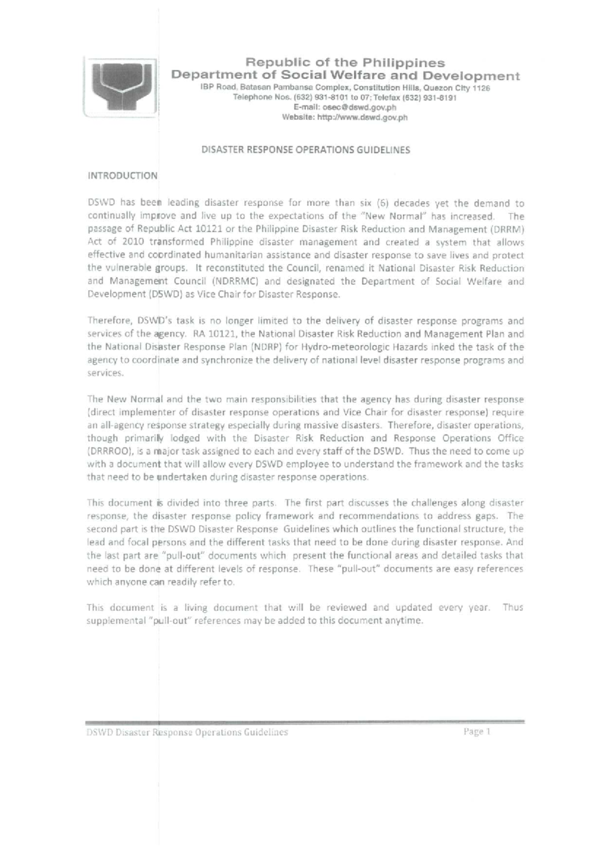 DSWD Disaster Response Operations Guidelines (RA 10121) - Studocu