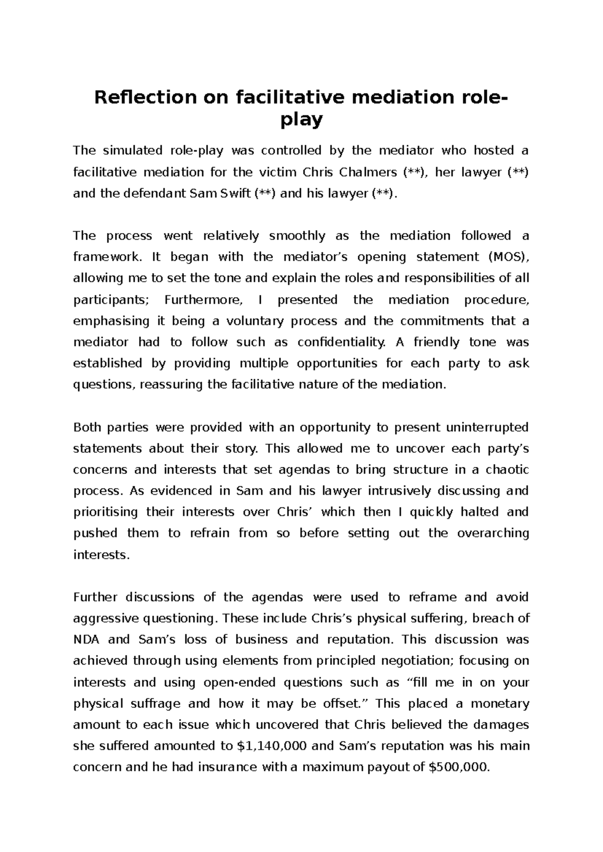 Mediation-reflection - Reflection on facilitative mediation role- play ...