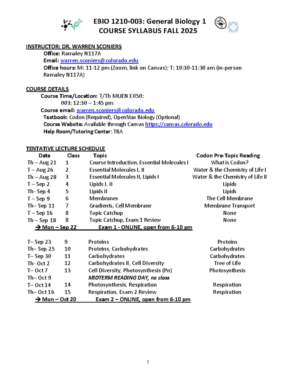 EBIO 1210-003: General Biology 1 Syllabus for Fall 2025 - Studocu
