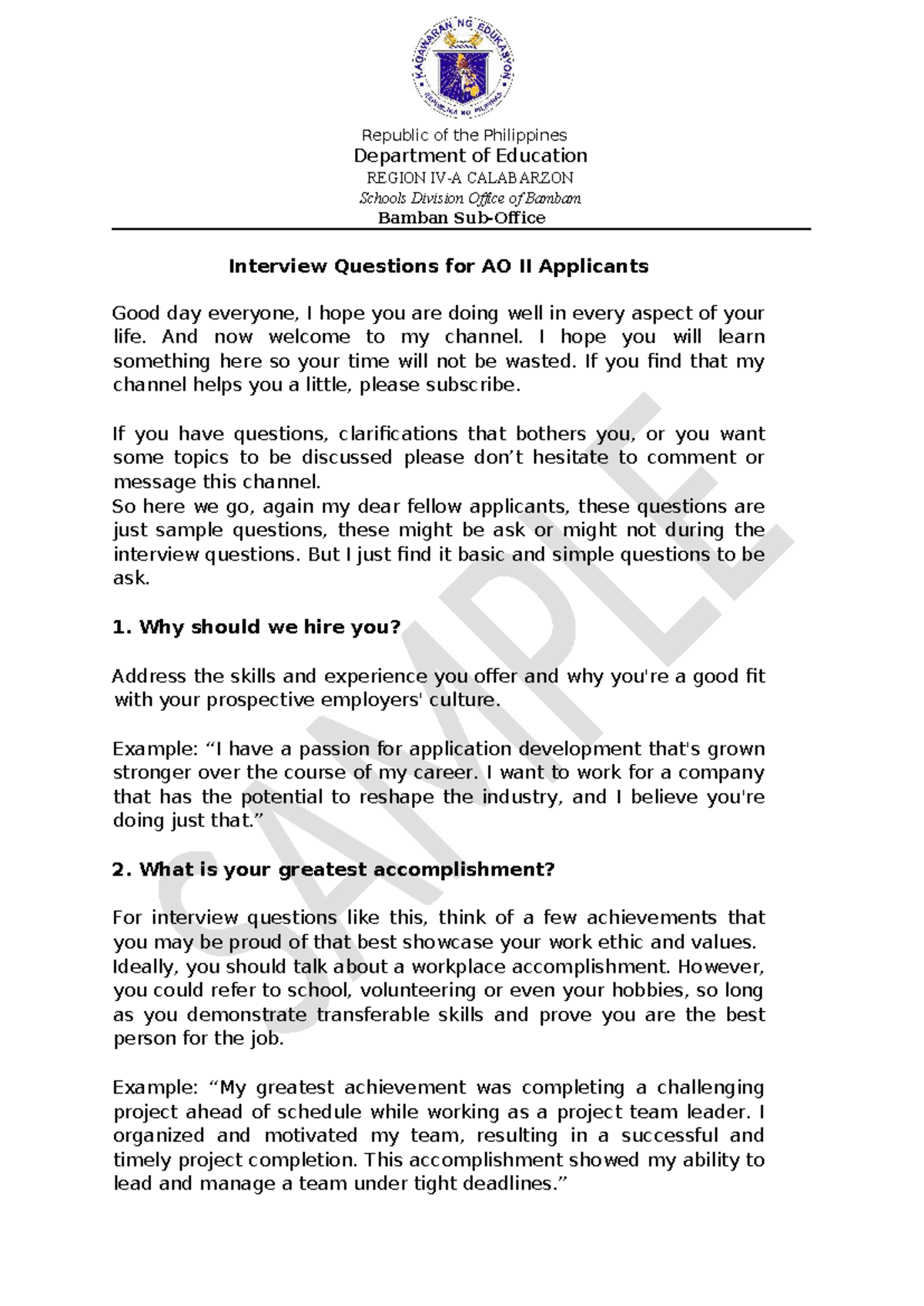 Sample Interview Questions for AO II Applicants - DepEd Region ...