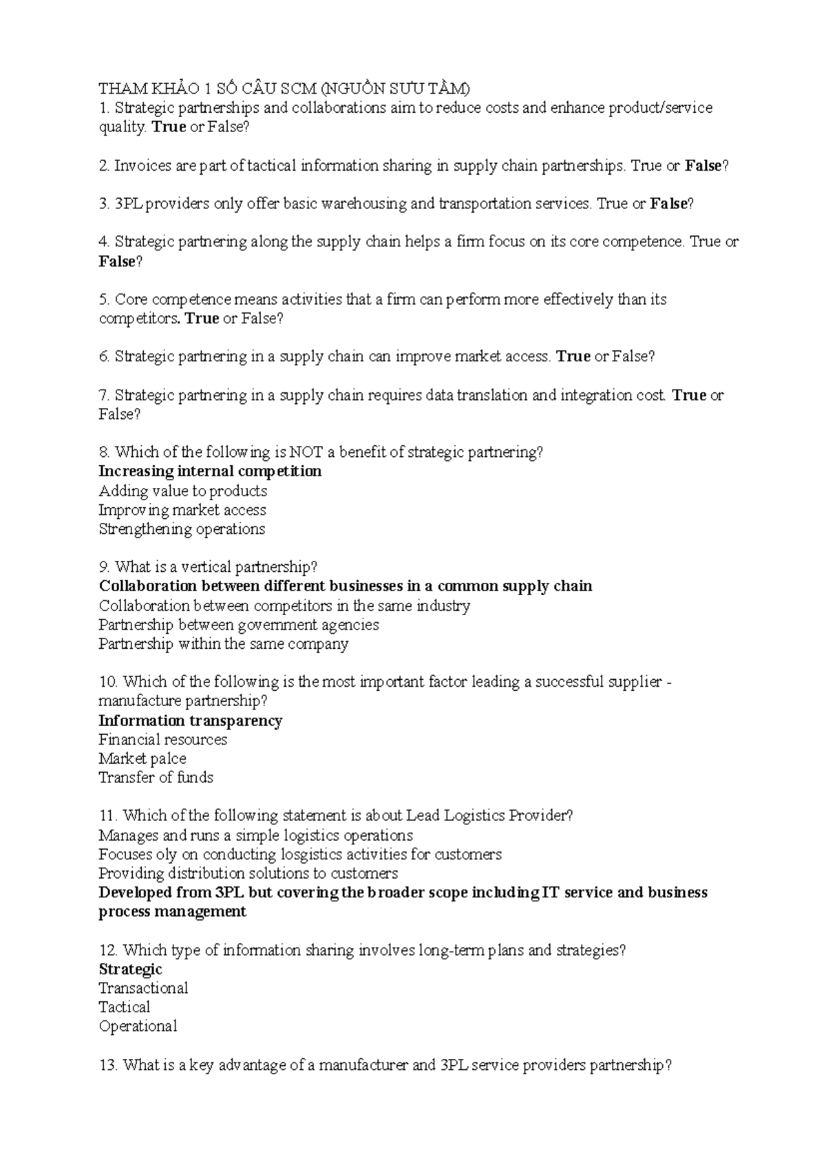 SCM 101: True or False Questions on Supply Chain Management - Studocu