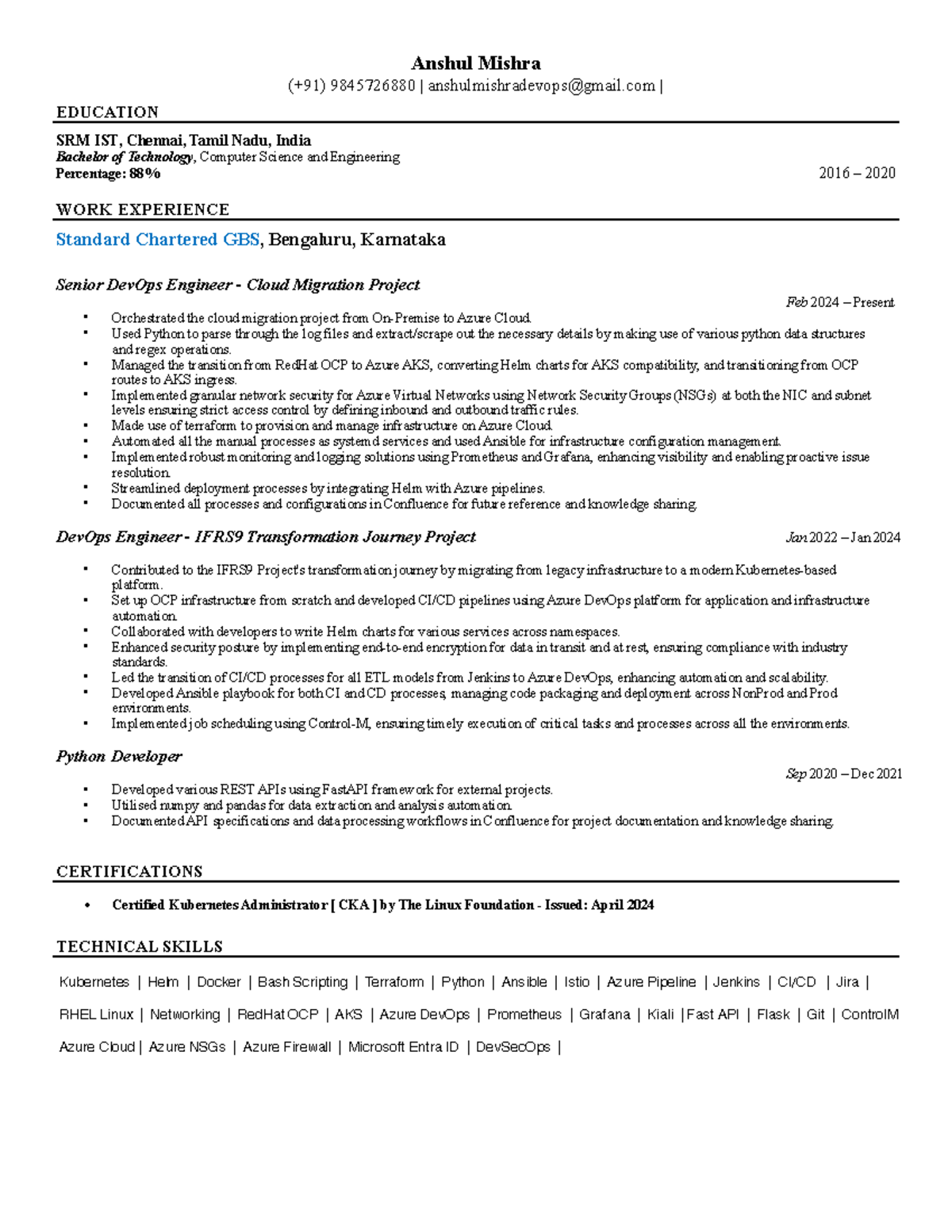 Anshul Mishra's DevOps Engineer Resume - Skills & Experience Summary ...
