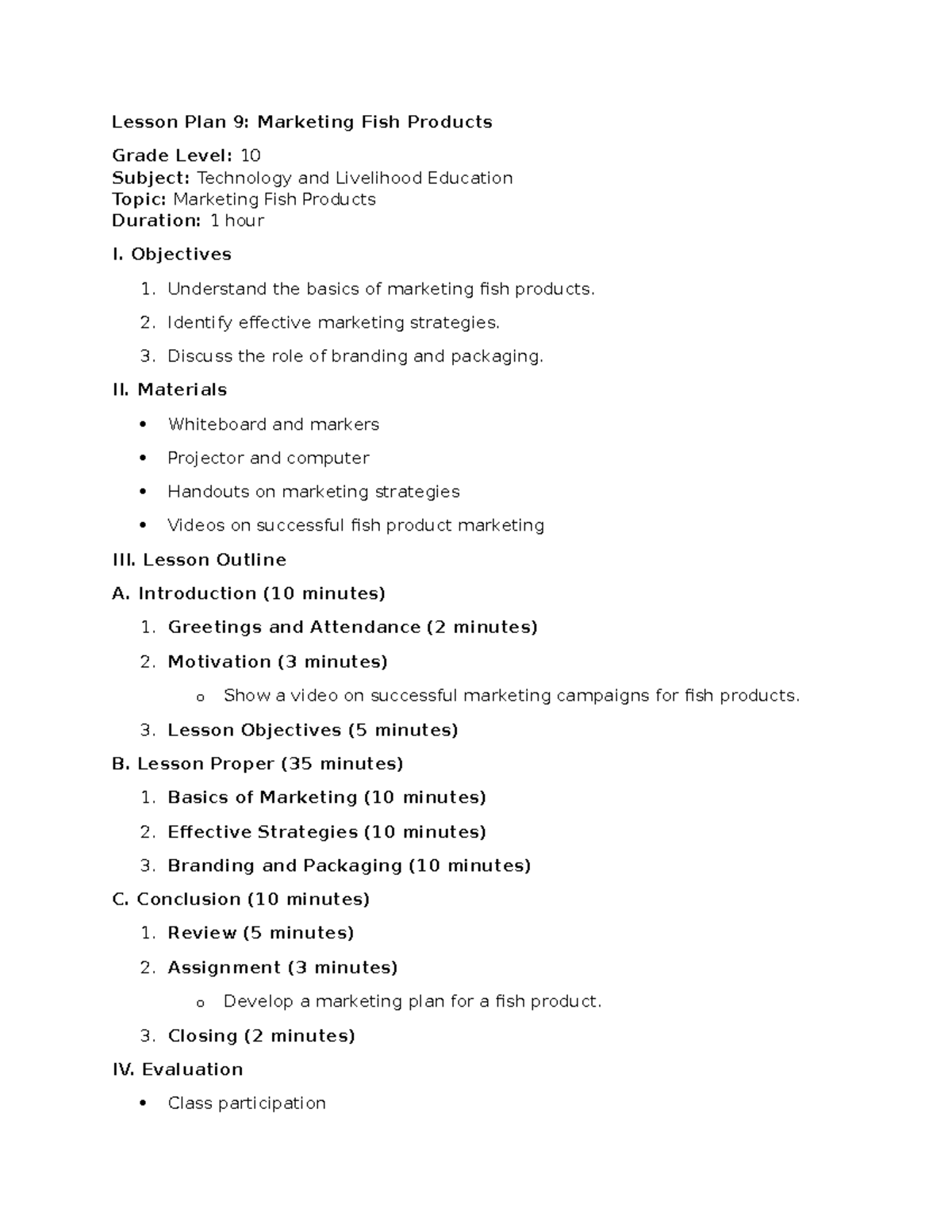TLE 10 Lesson 6: Marketing Strategies for Fish Products - Studocu