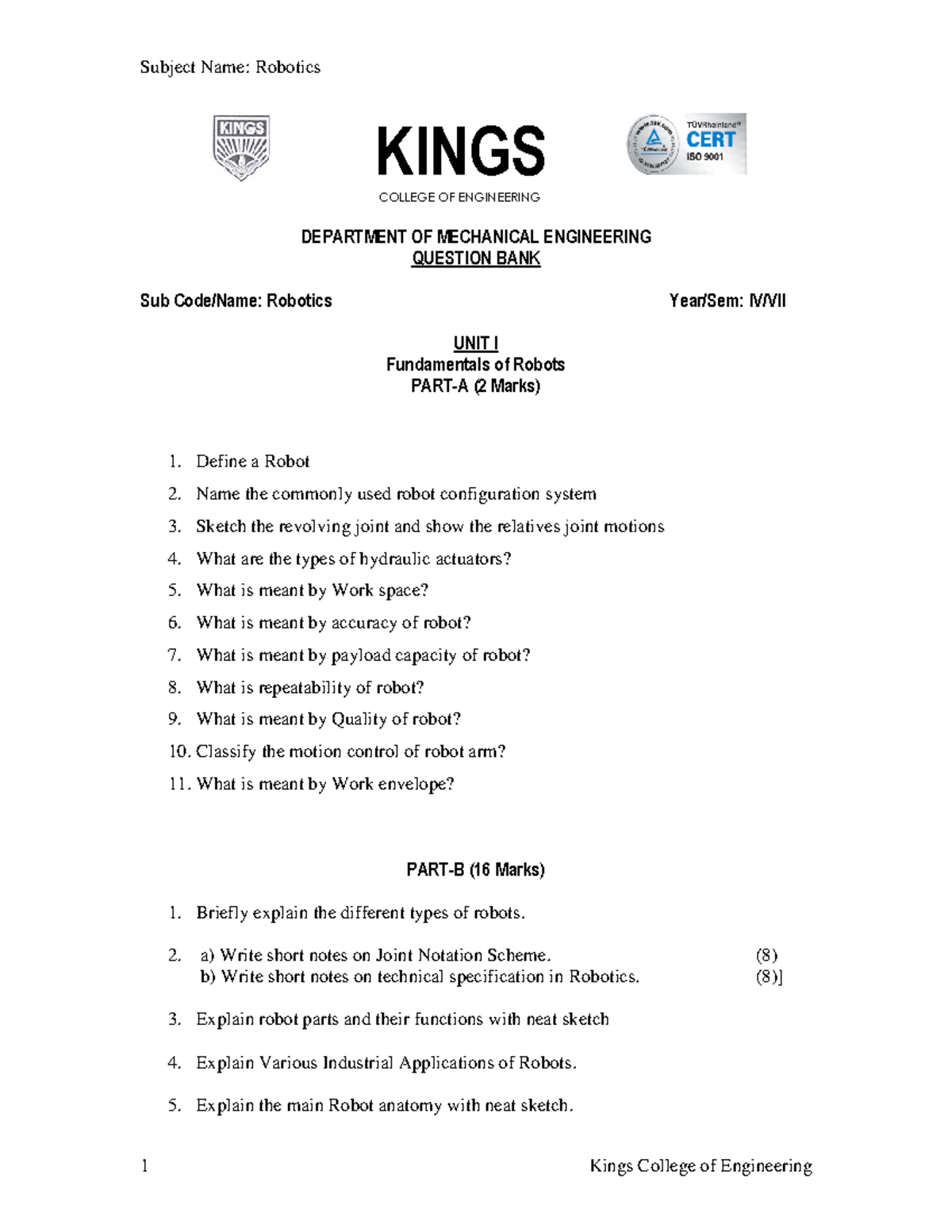 Robotics QB: Comprehensive Question Bank for KCE Mechanical Engineering ...