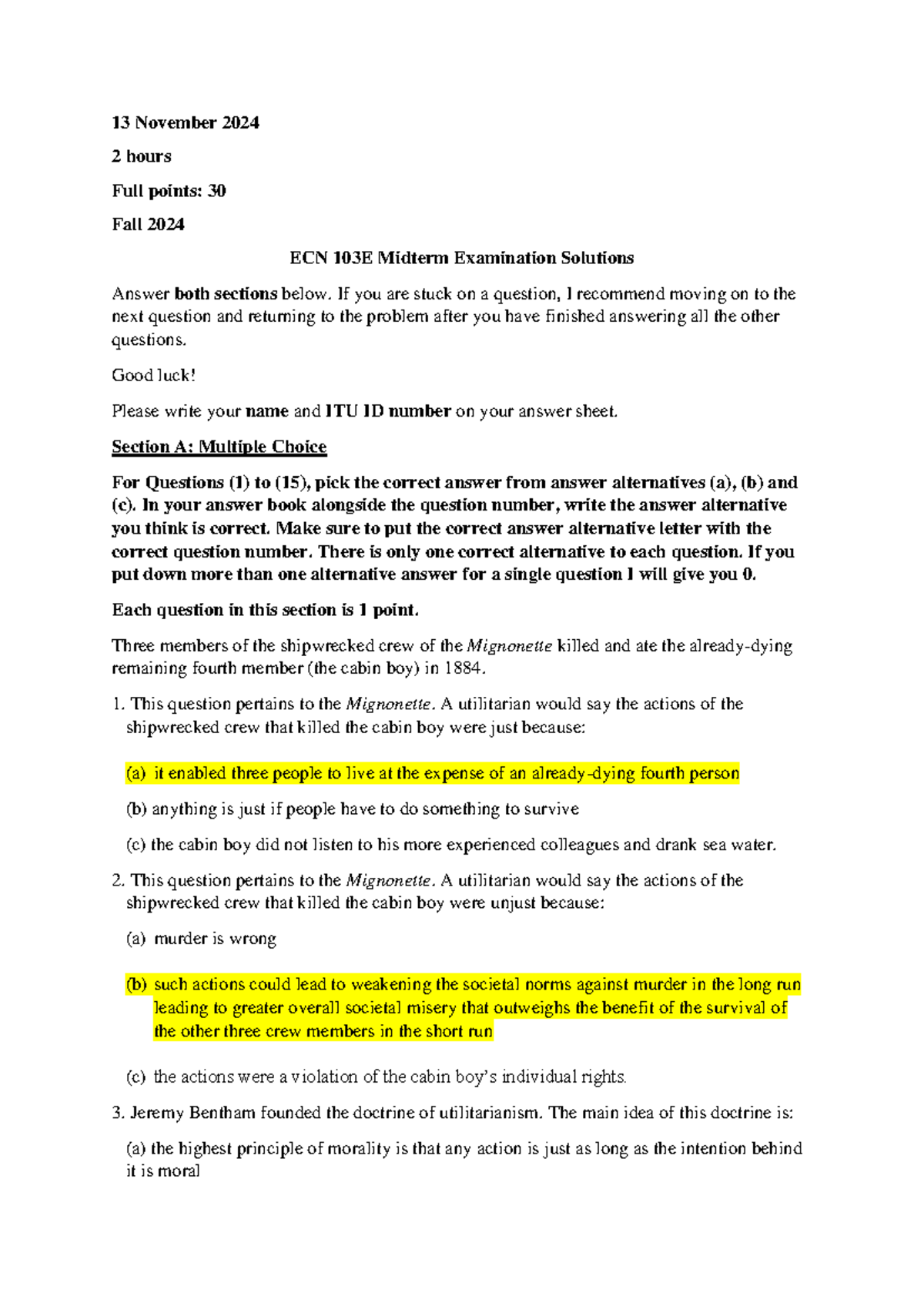 Fall 2024 ECN 103E Midterm Exam Solutions and Answers - Studocu