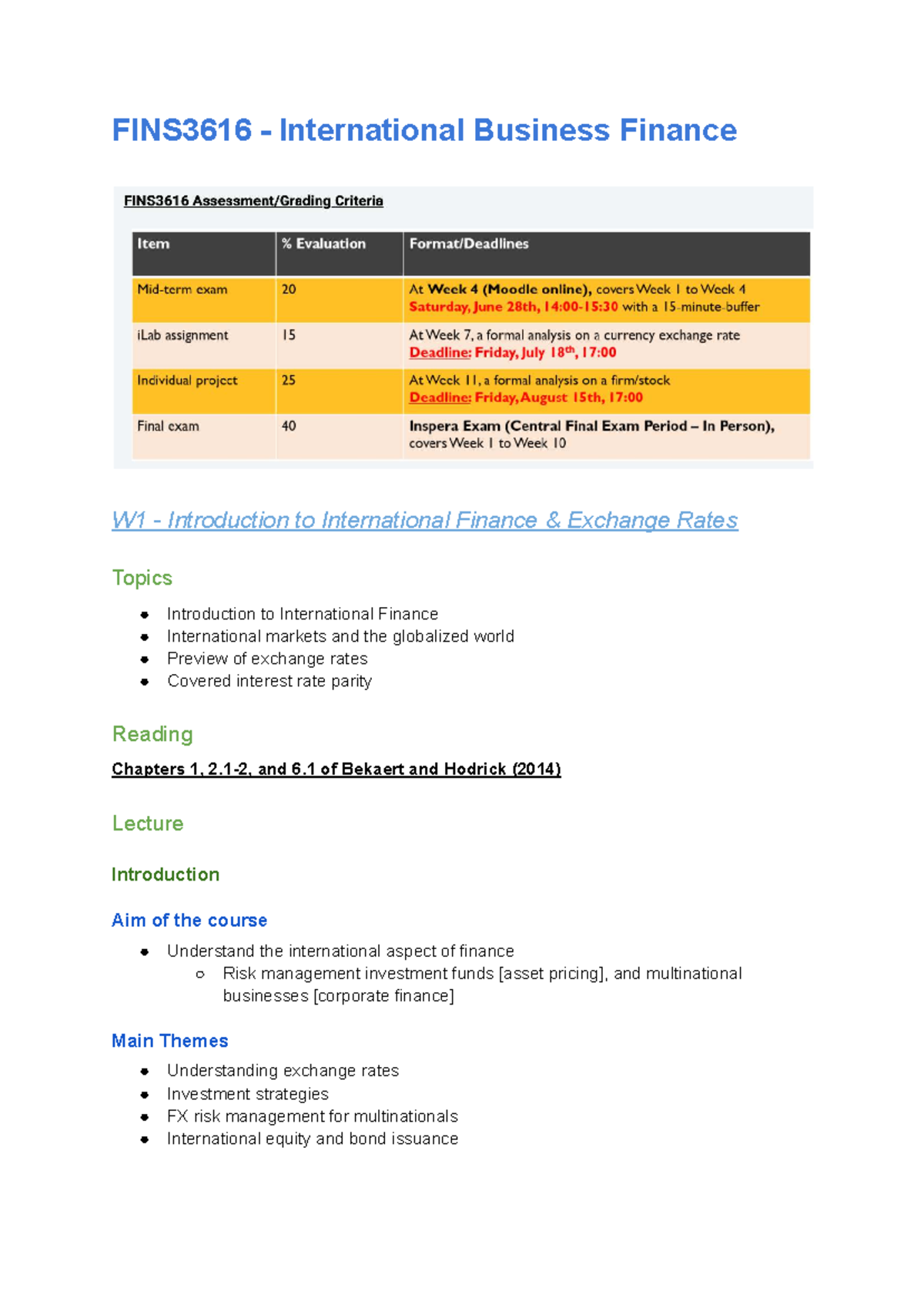 FINS3616 Lecture Notes W1-4: International Finance & Exchange Rates ...