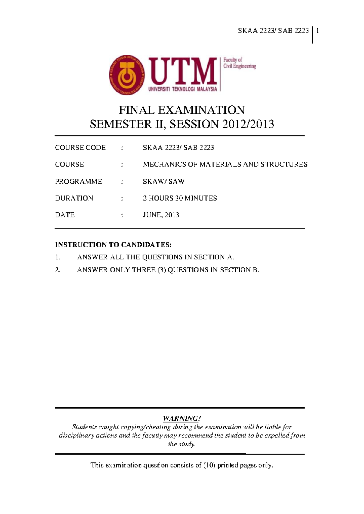 Exam June 2013, questions - SKAA SAB 1 FINAL EXAMINATION SEMESTER II ...