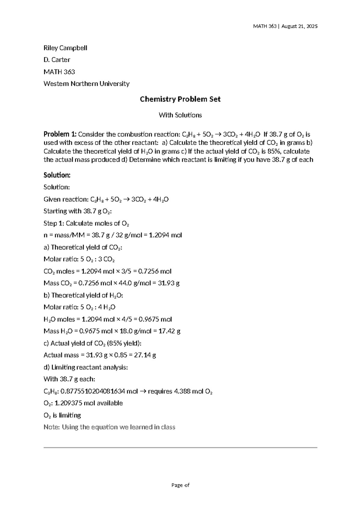 MATH 363 Chemistry Problem Set Solutions and Analysis - Studocu
