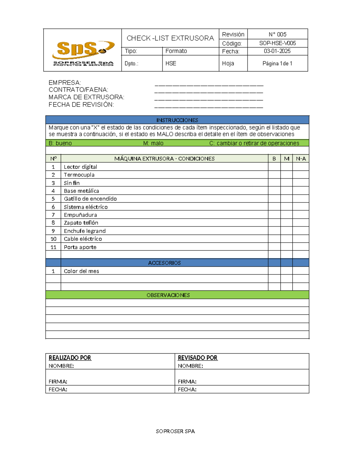 Revisión 005: Check-list Extrusora HSE - 1111 - Studocu