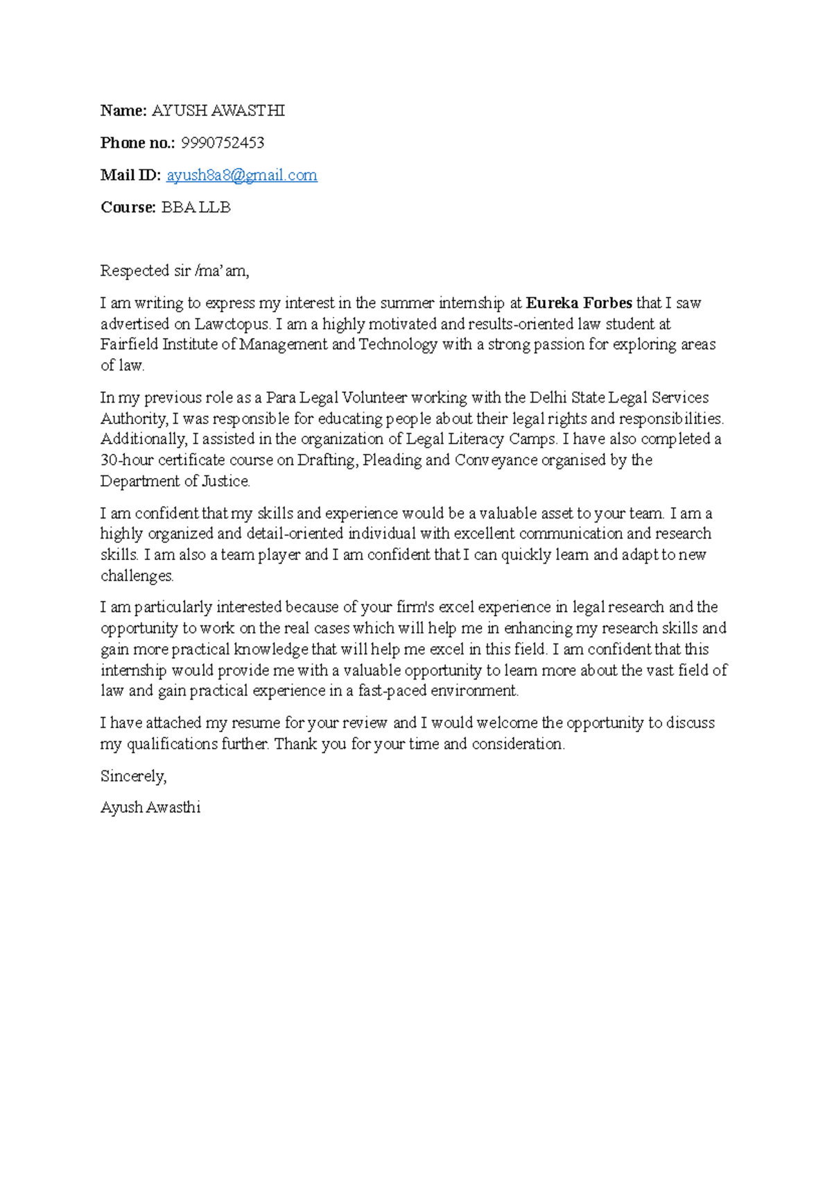 BBA LLB Cover Letter for Summer Internship at Eureka Forbes - Studocu