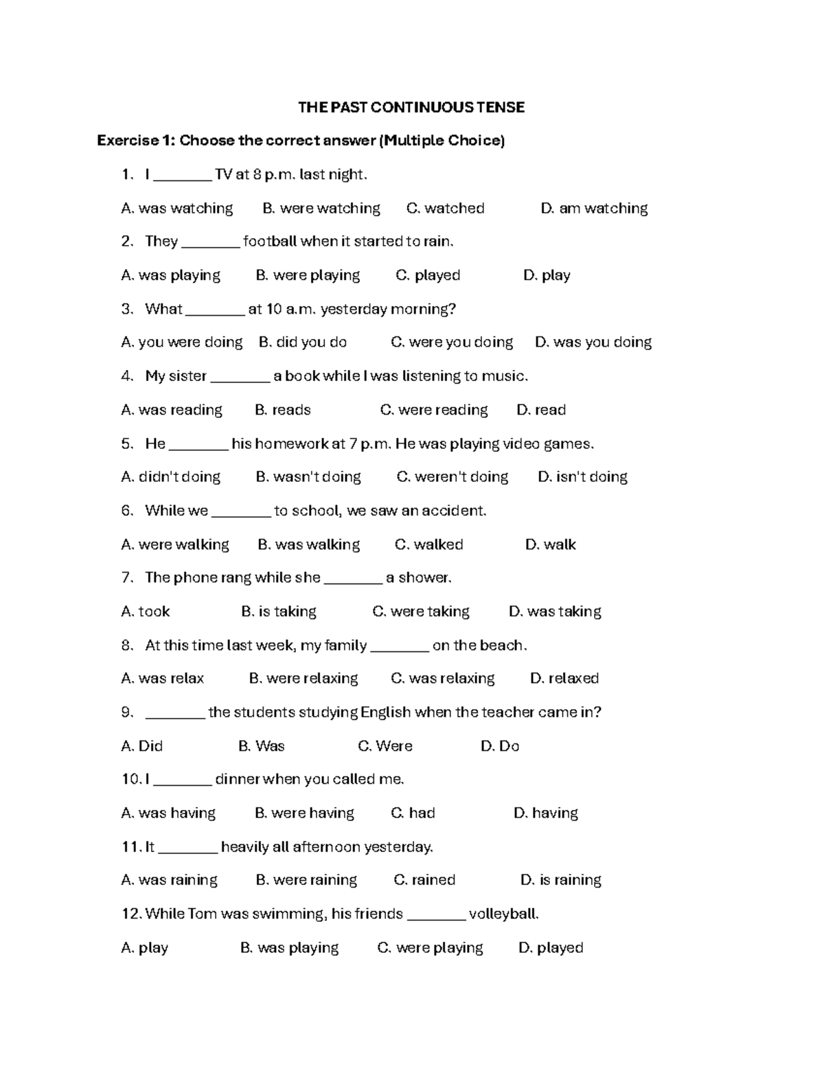 Past Continuous Tense Practice Exercises (ENG 101) - Studocu