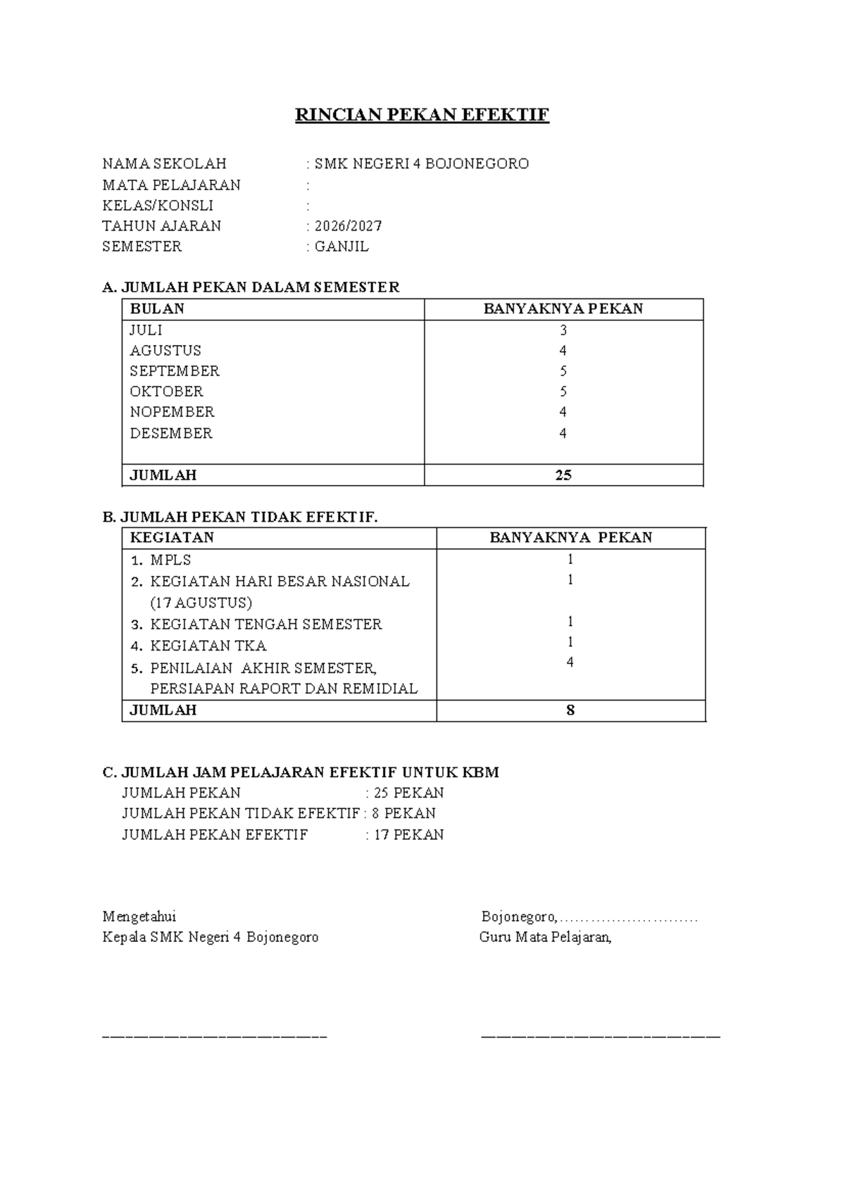 Rencana Pekan Efektif Ganjil 2026-2027 SMK Negeri 4 Bojonegoro - Document Preview