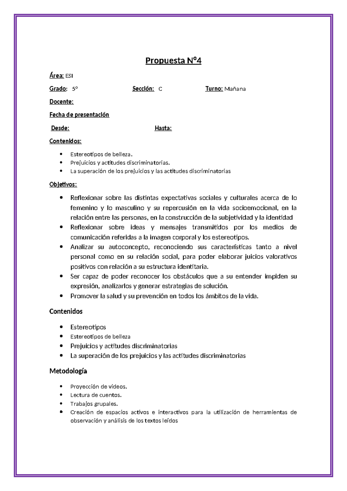 Propuesta de E.S.I para 5° Grado: Estereotipos y Prejuicios - Studocu