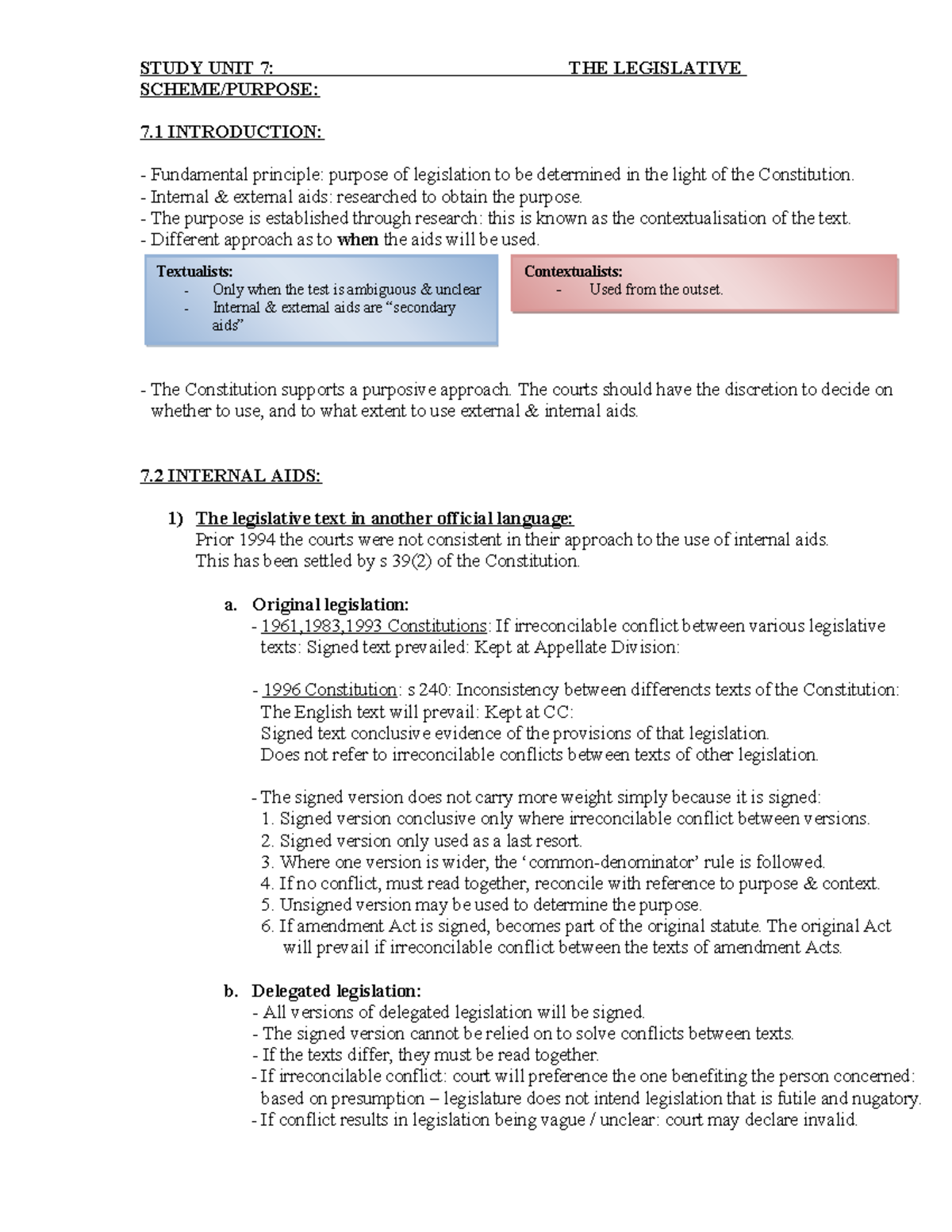 Study Unit 7: The Legislative Scheme - Purpose and Interpretation - Studocu