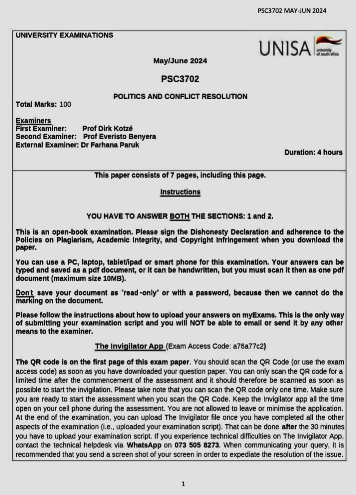 PSC3702 Final Exam Past Paper 2024: Politics and Conflict Resolution ...