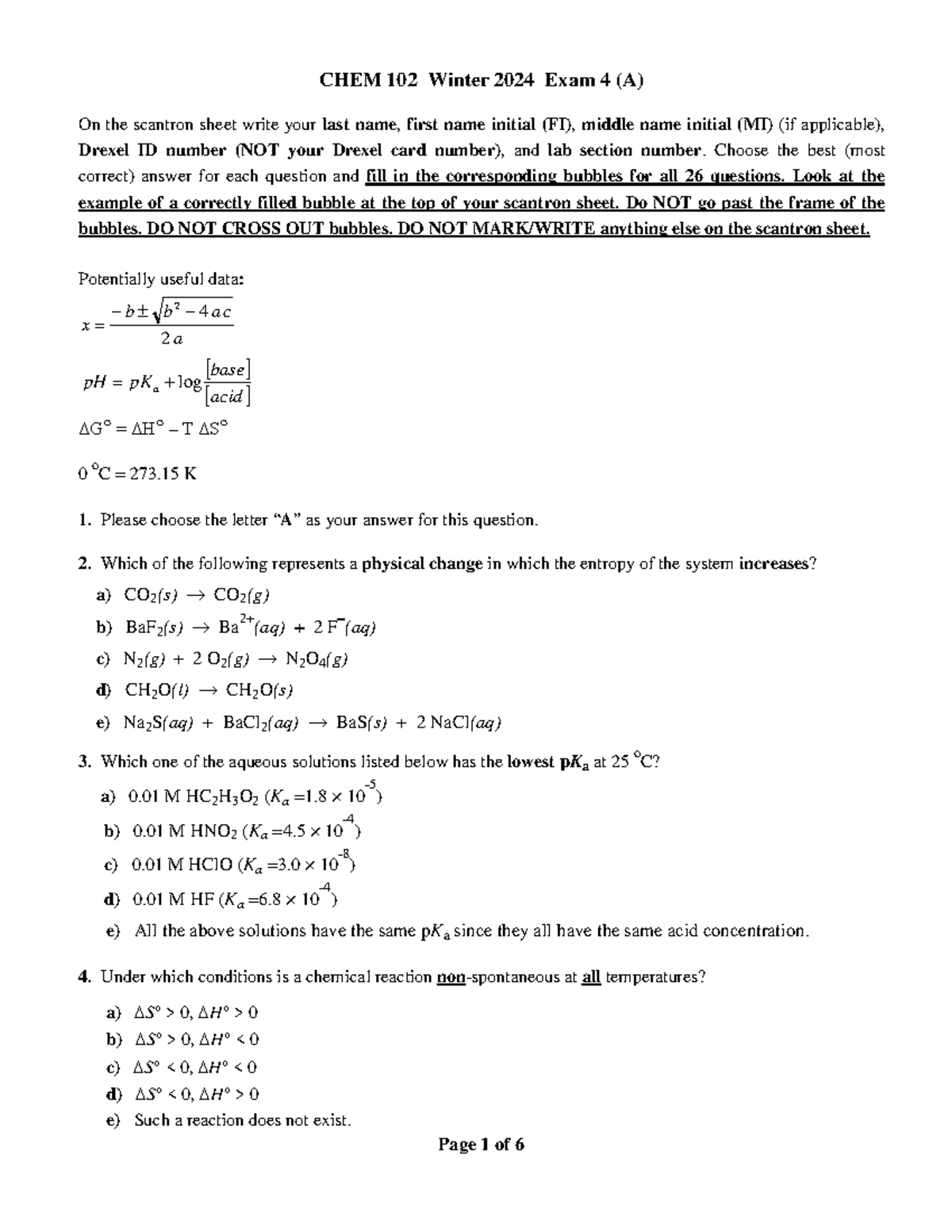 CHEM 102 W24A Exam 4 (A) with Answer Key - Studocu