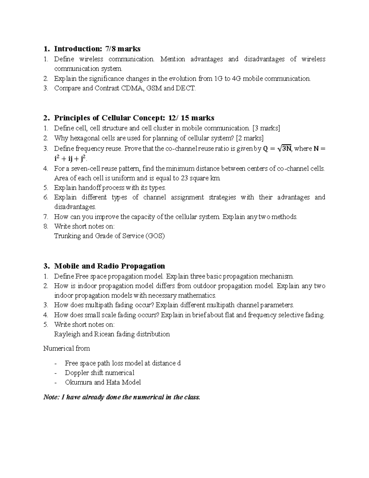 Wireless Communication & Mobile Systems: Important Questions (Course ...