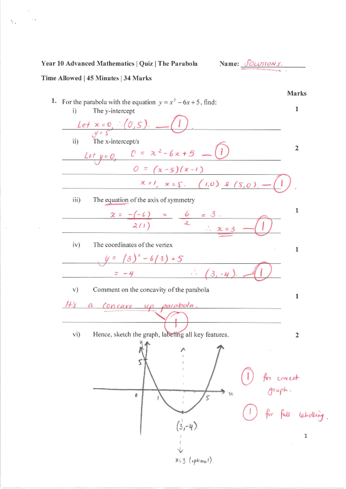 Year 10 Adv Maths I Quiz I: Parabola & Trigonometry Solutions - Studocu