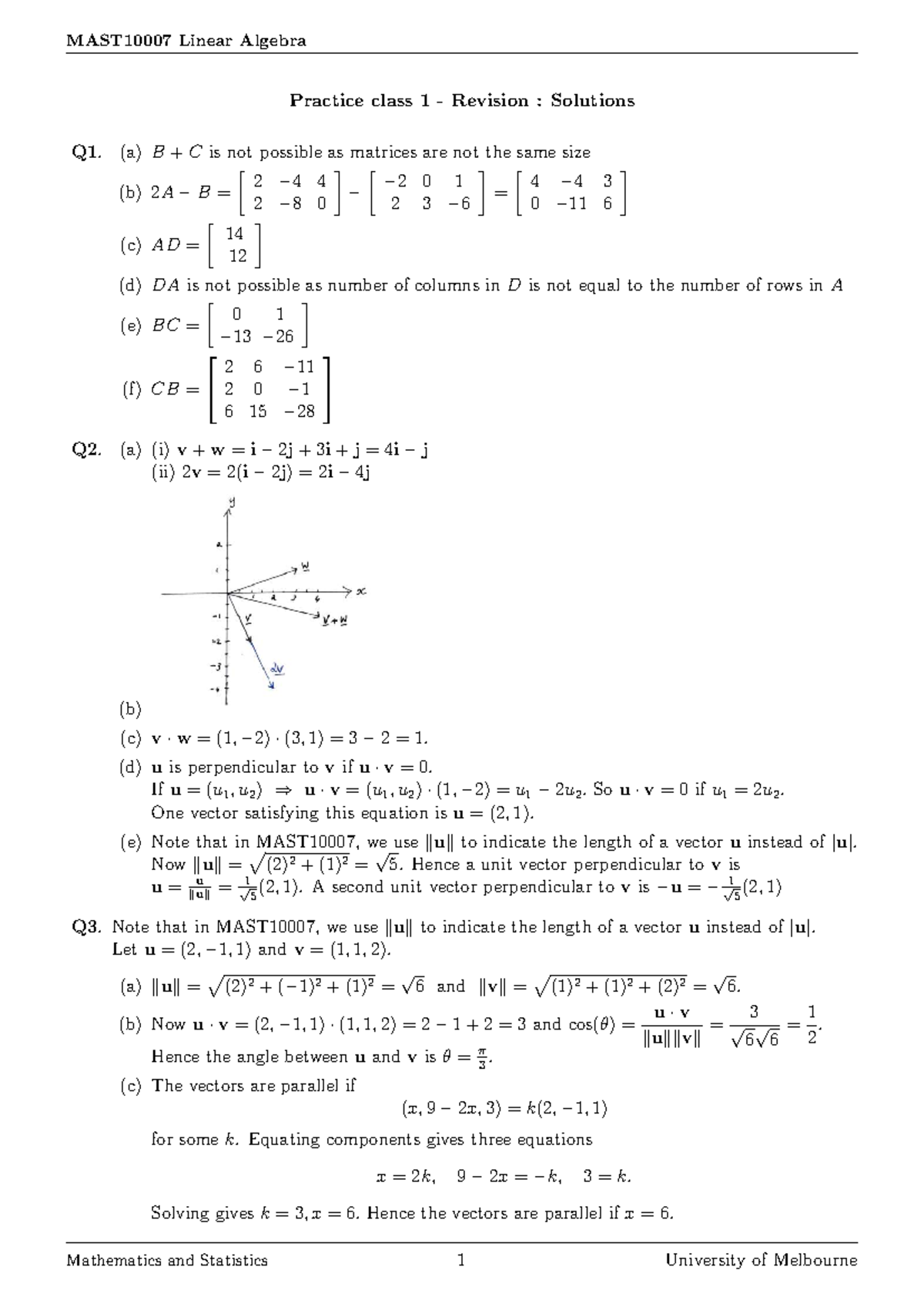 Linear Algebra Practice Class 1 Solutions - Revision T01 - Studocu
