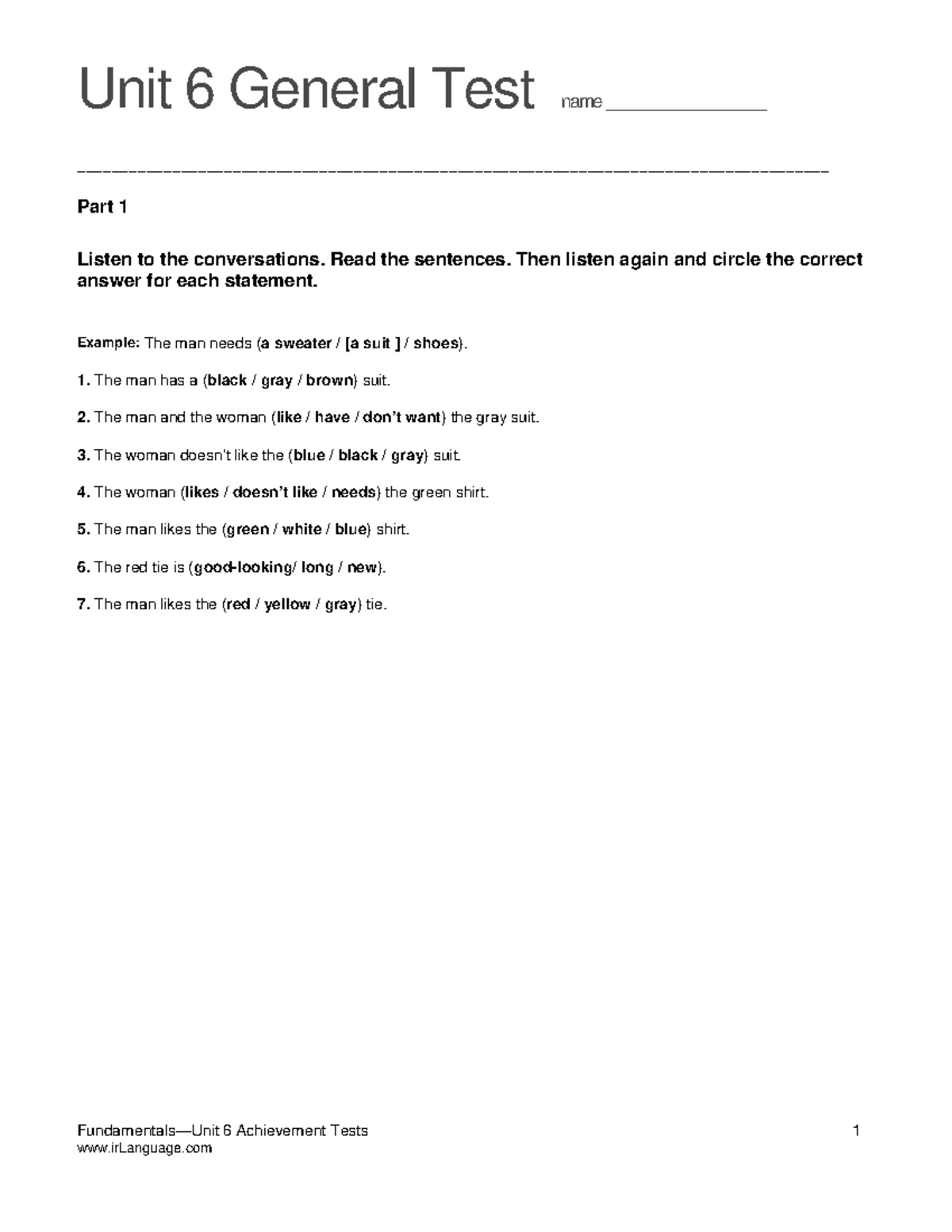 Top Notch Fundamentals Unit 5 Assessment - Unit 5 General Test name ...