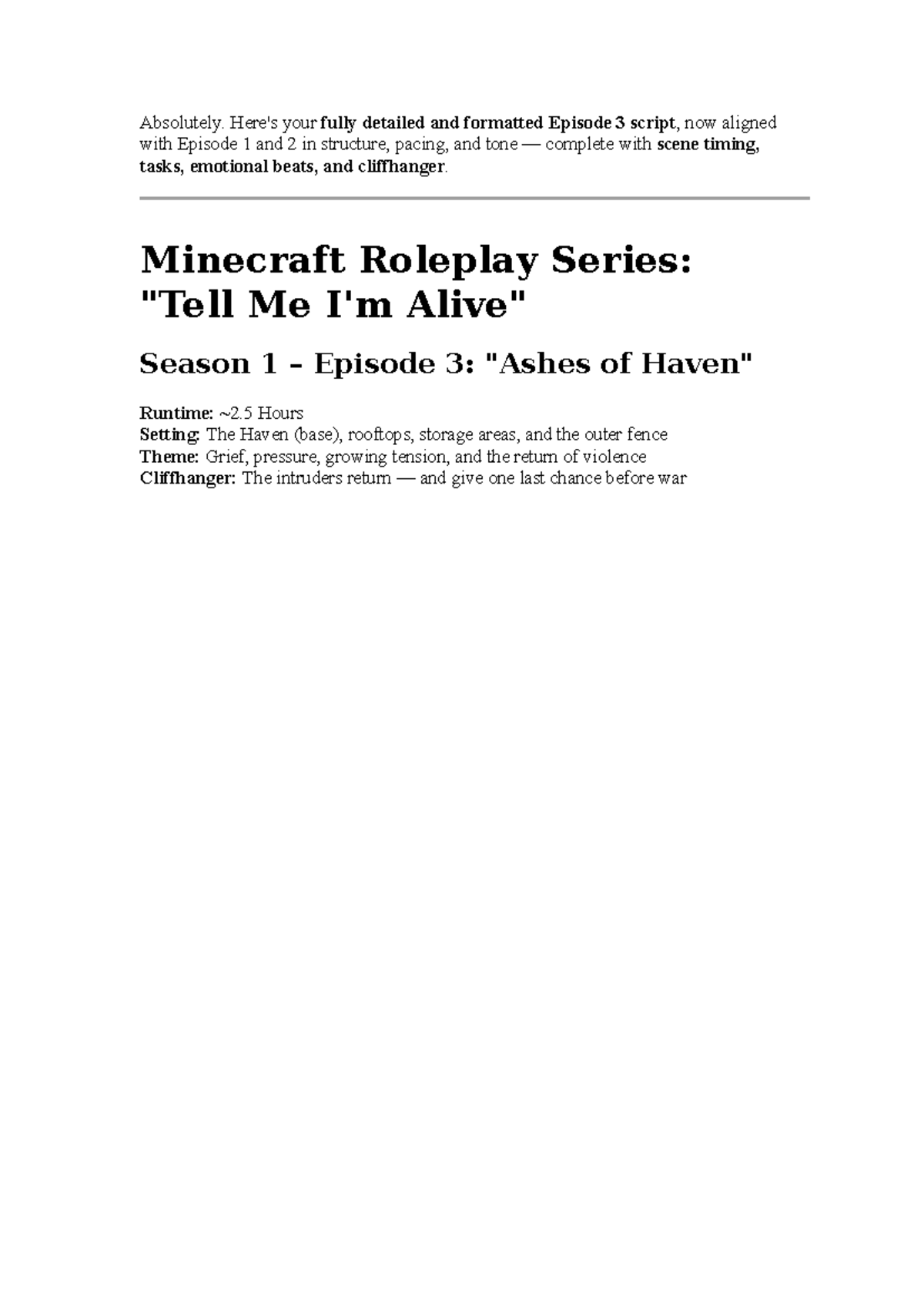 Tell Me I'm Alive: Minecraft Roleplay Series Season 1 Episode 3 Script ...