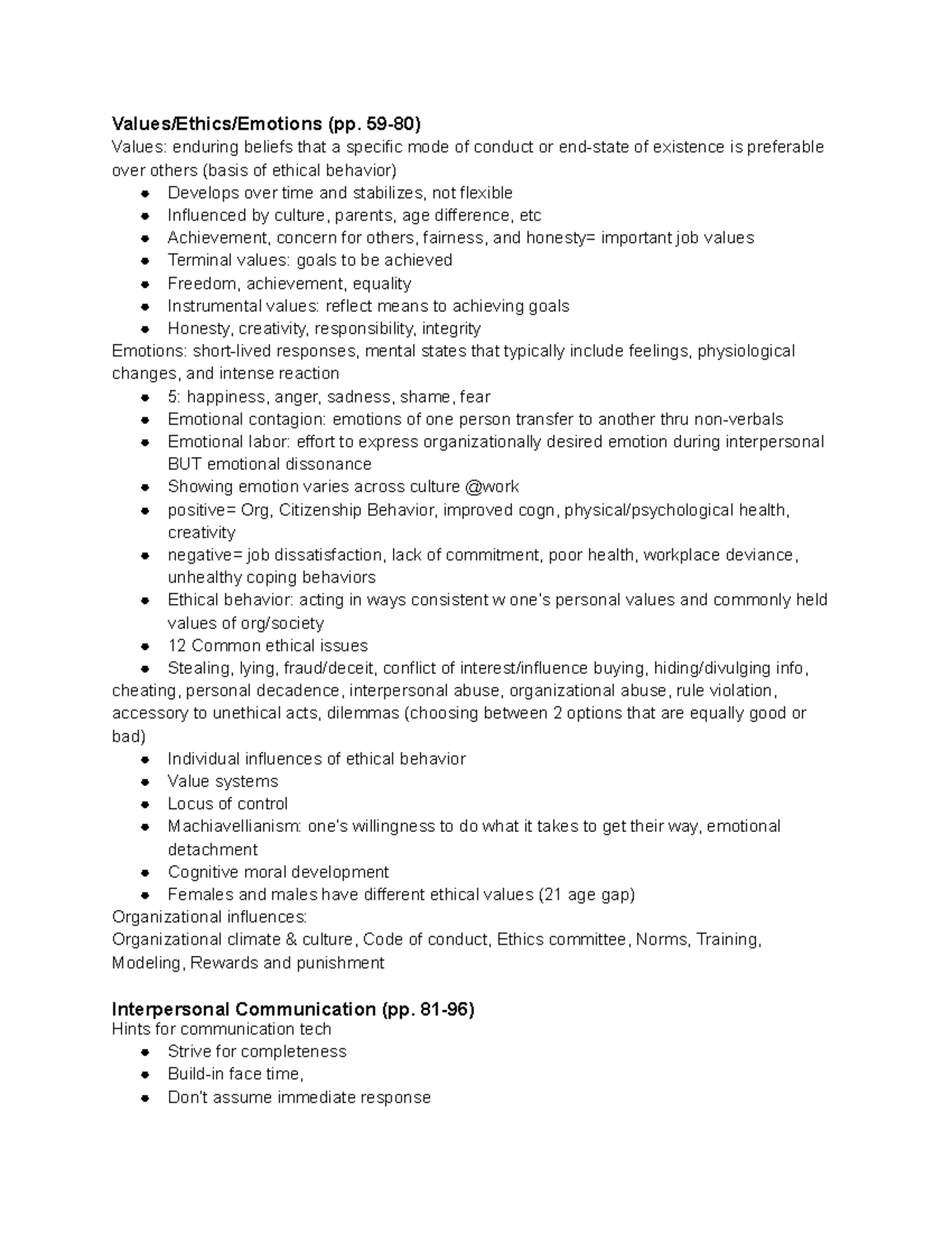 Ba 350 exam 2 study guide - Values/Ethics/Emotions (pp. 59-80) Values ...