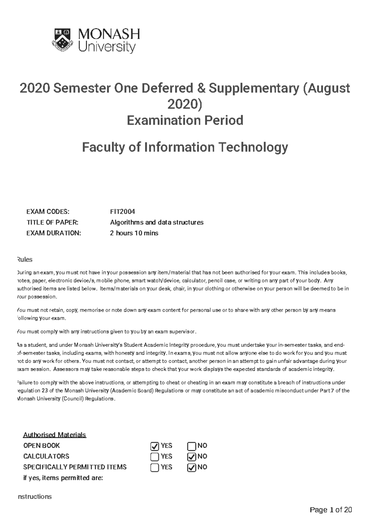 FIT2004 - 2020 Sem 1 Deferred Exam: Algorithms & Data Structures - Studocu