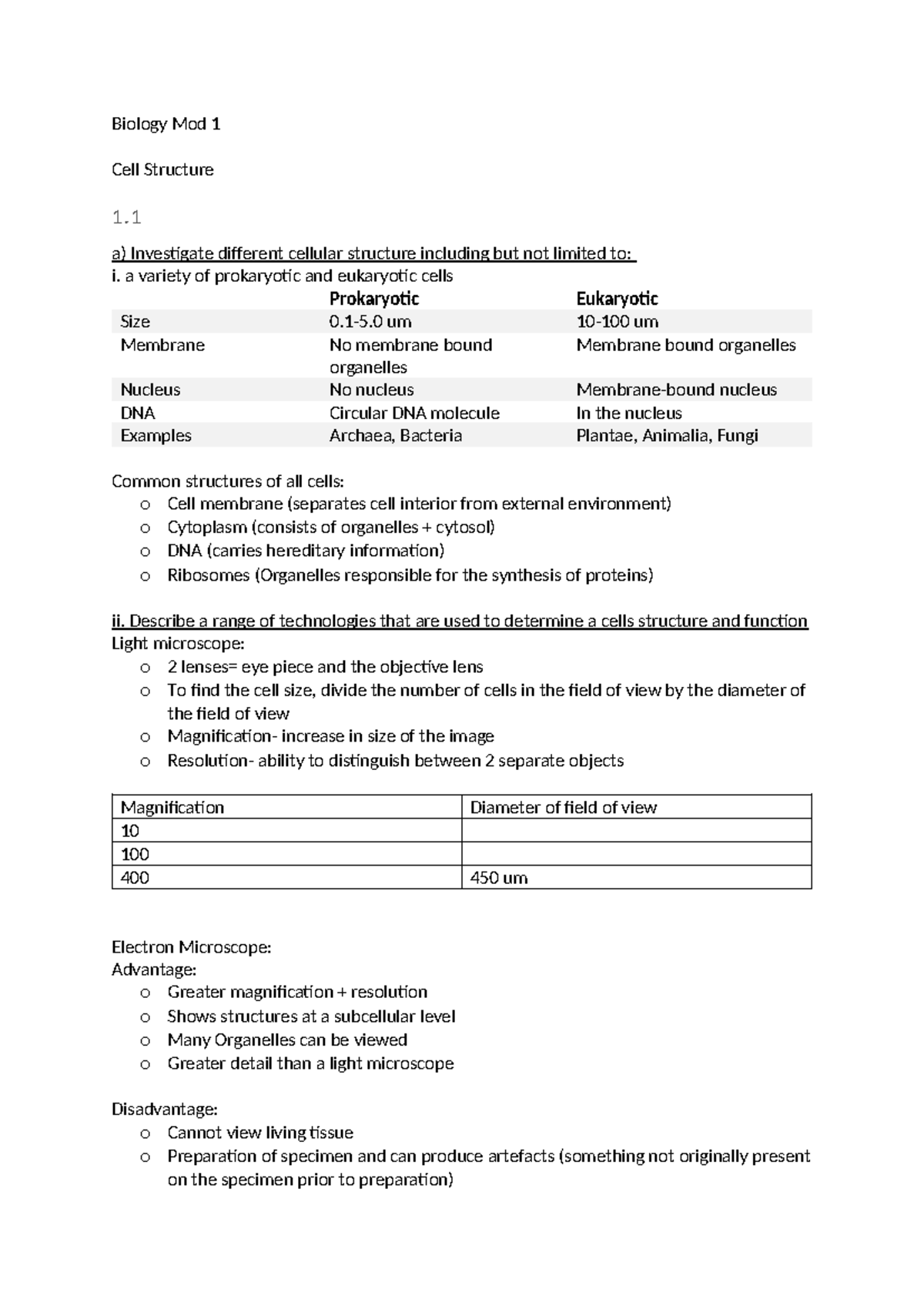 Biology Mod 1 - Study Notes on Cell Structure and Function - Studocu