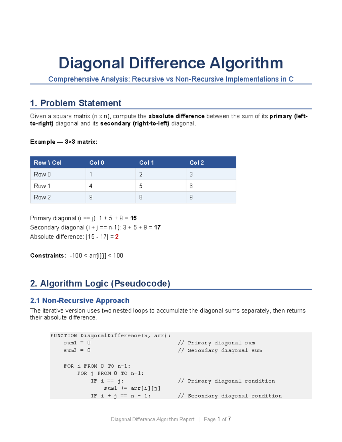 Diagonal Difference Algorithm Report: Recursive vs Iterative Analysis ...