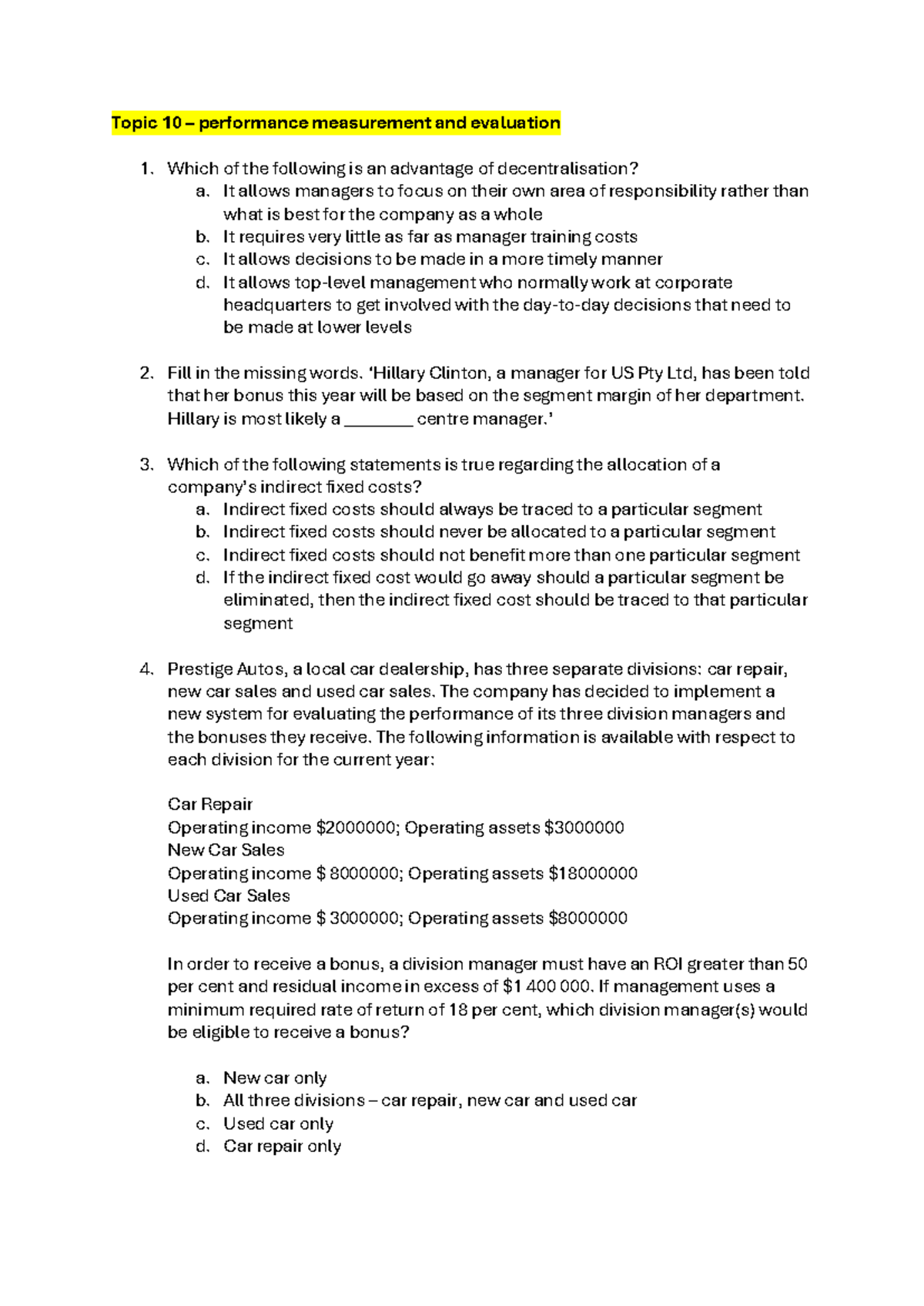 ABS Topic 10 - Practice Questions on Performance Measurement - Studocu