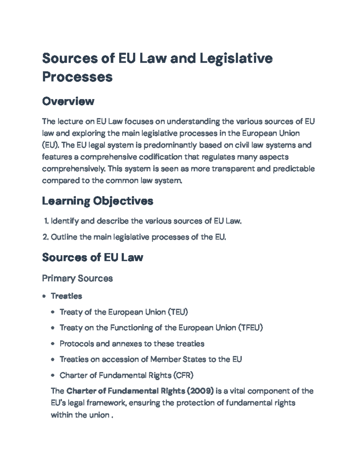 Sources of EU Law and Legislative Processes Overview (EU Law Lecture ...