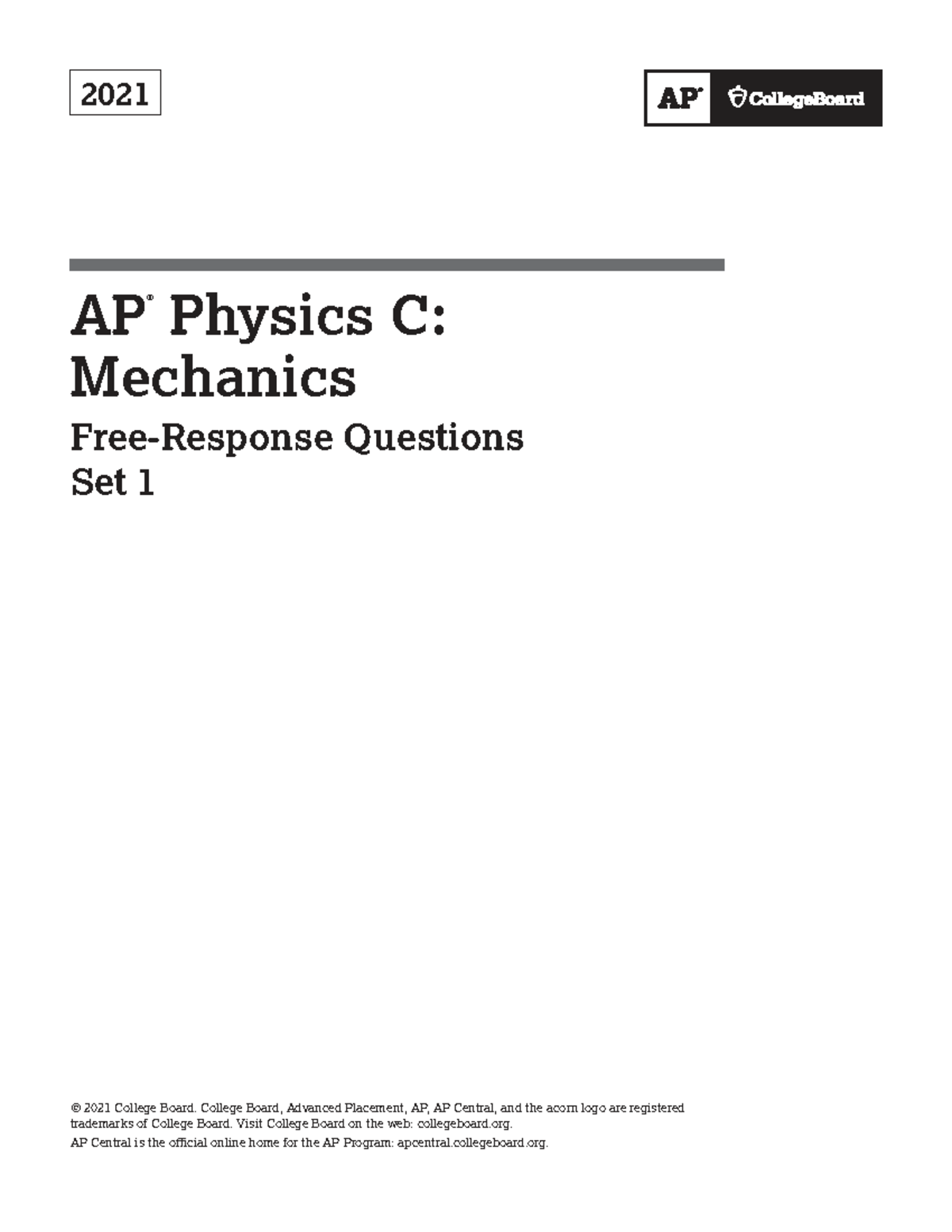 AP21 FRQ Physics C: Mechanics Set 1 - College Board Exam Questions ...