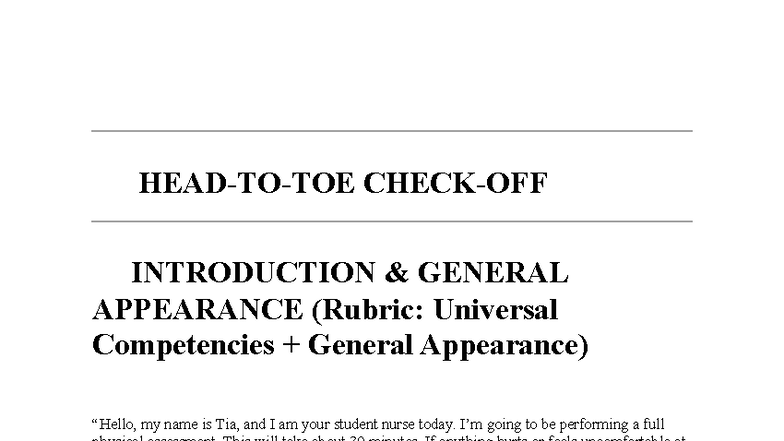 Head-To-Toe Physical Assessment Script (NUR 101) - Studocu