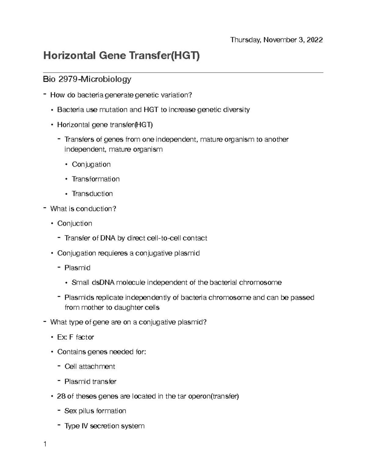 Horizontal Gene Transfer and Genetic Variation in Bio 2979 - Studocu