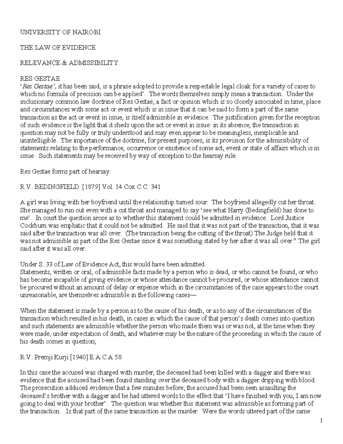 GPR 201 Evidence Law Course Outline and Reading List - UON - Studocu