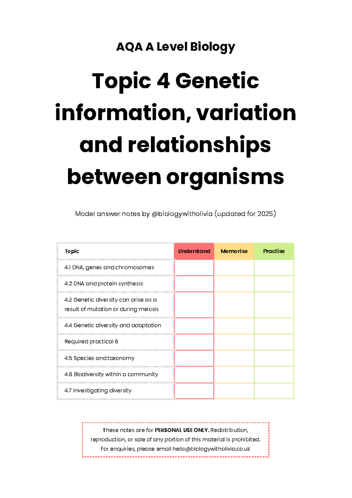AQA A Level Biology Topic 4: Genetic Info, Variation & Relationships ...