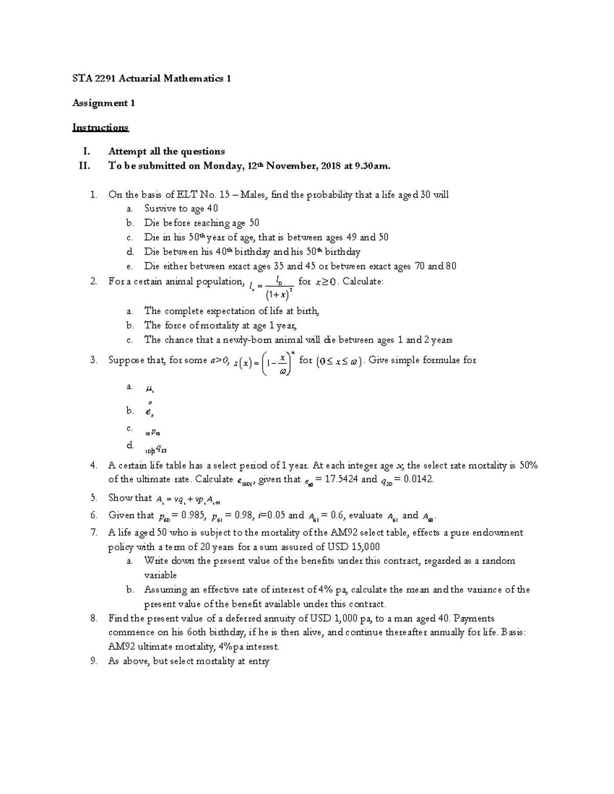 STA 2291 Actuarial Mathematics 1 Assignment 1-1 - Attempt all the ...