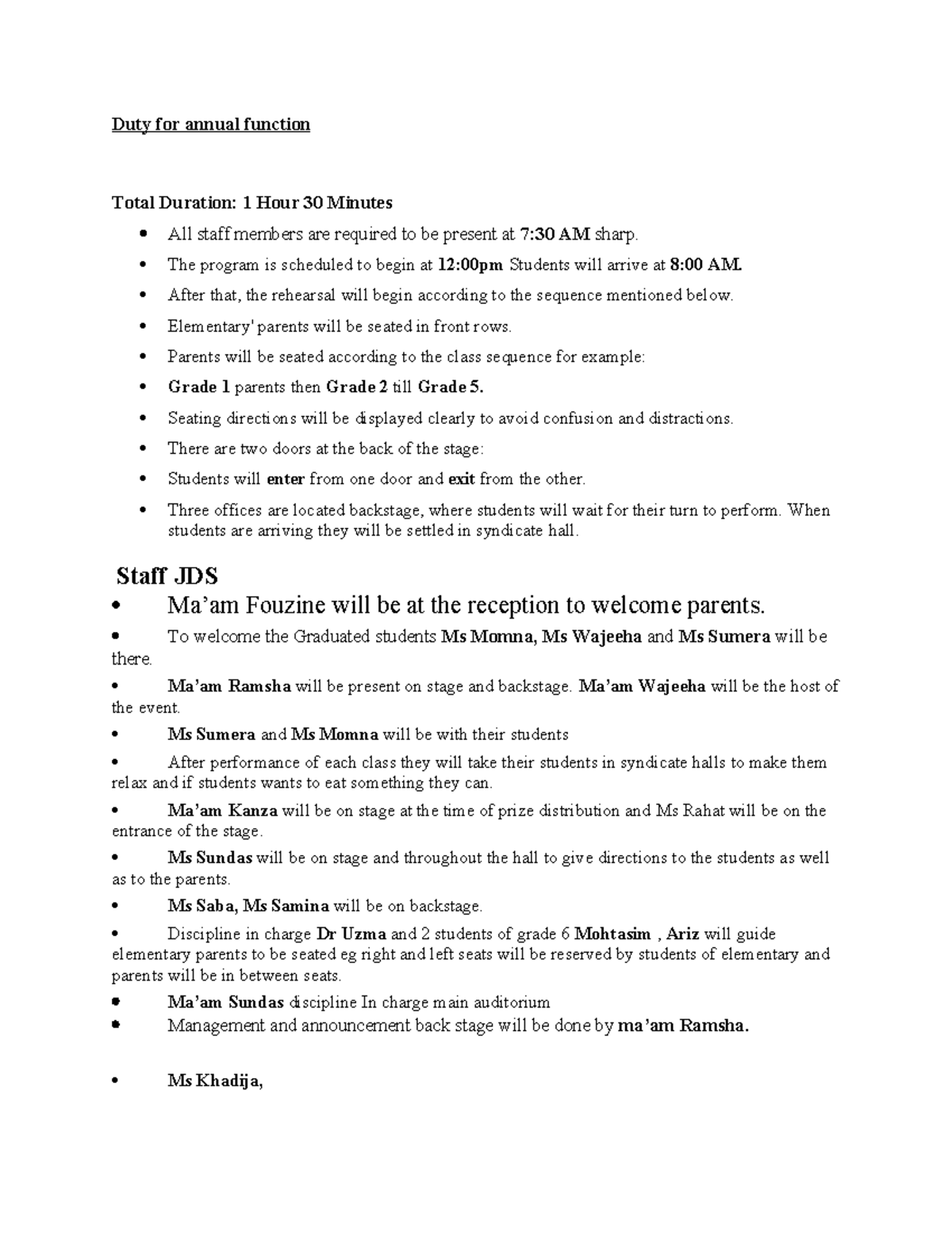 Annual Function Duties & Schedule for Staff Members - Studocu