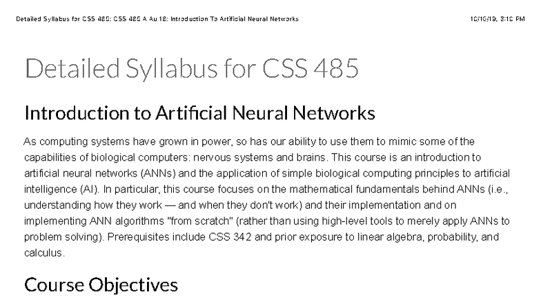 CSS 485: Detailed Syllabus for Introduction to Artificial Neural ...