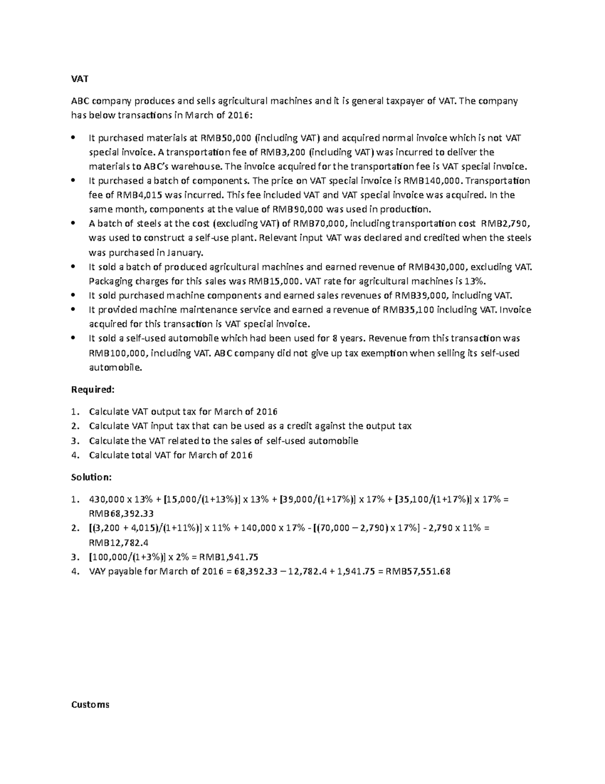 VAT and Customs Assignment Solutions for ABC and XYZ Companies - Studocu