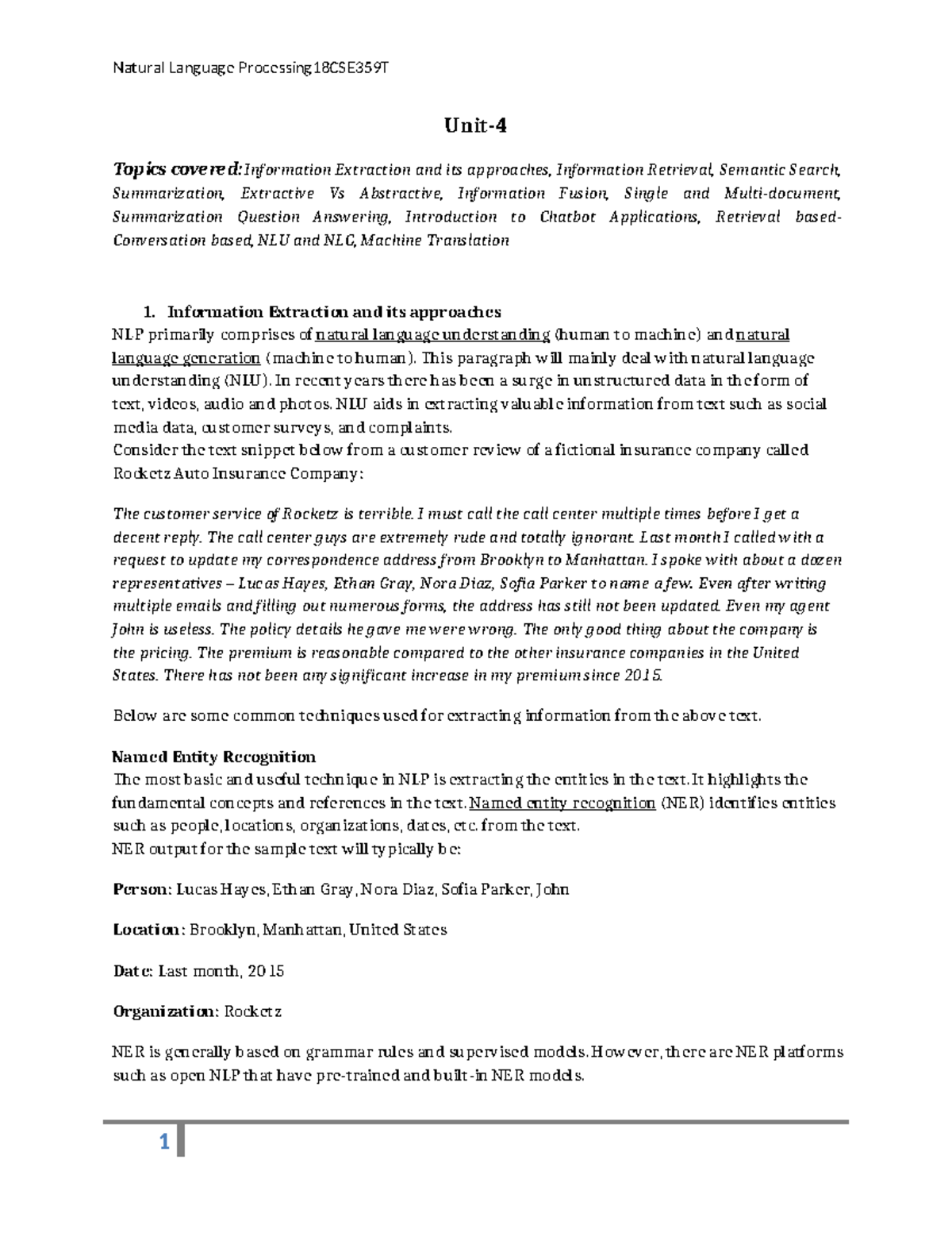 NLP Unit 4 notes - Unit- Topics covered: Information Extraction and its ...