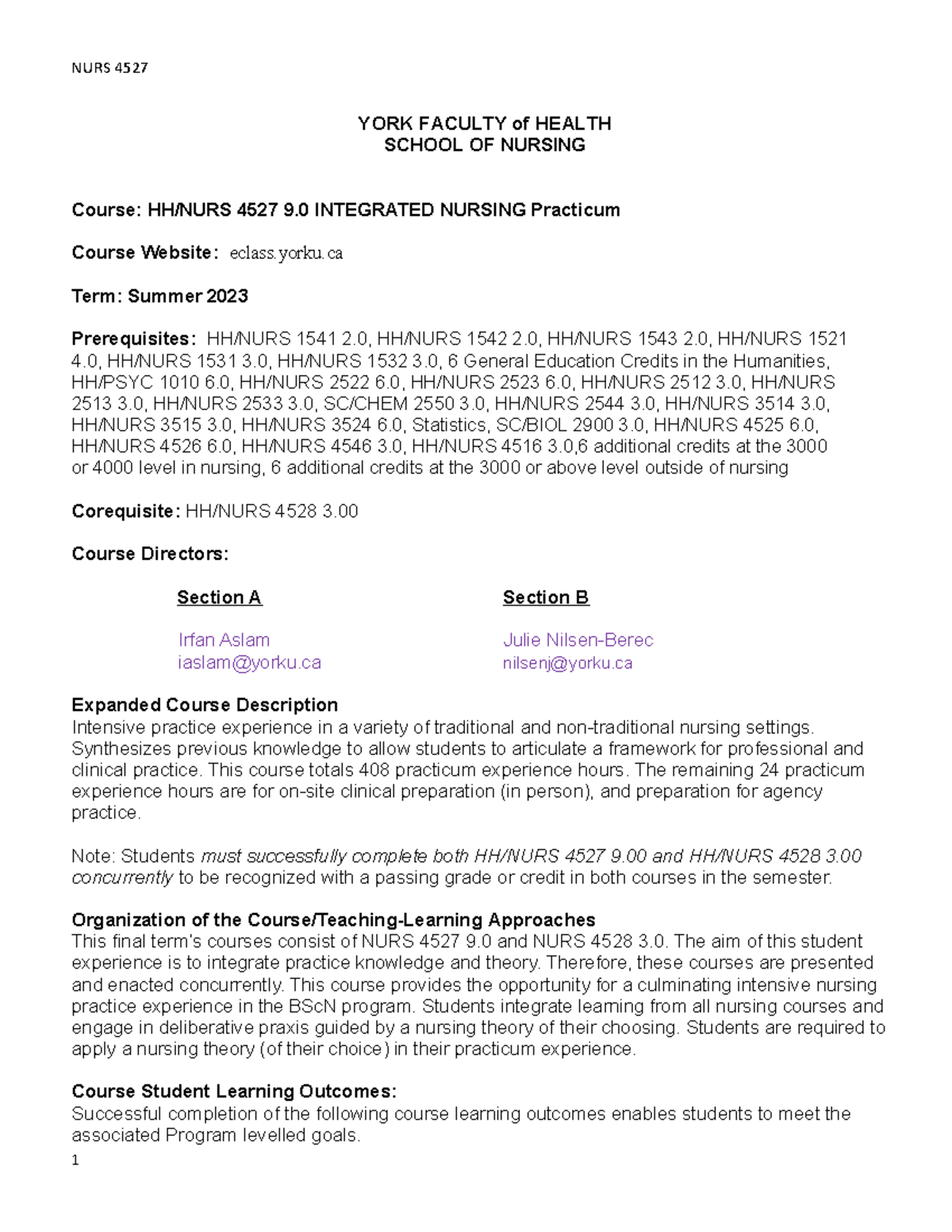 HH/NURS 4527 Course Outline - Integrated Nursing Practicum Summer 2023 ...