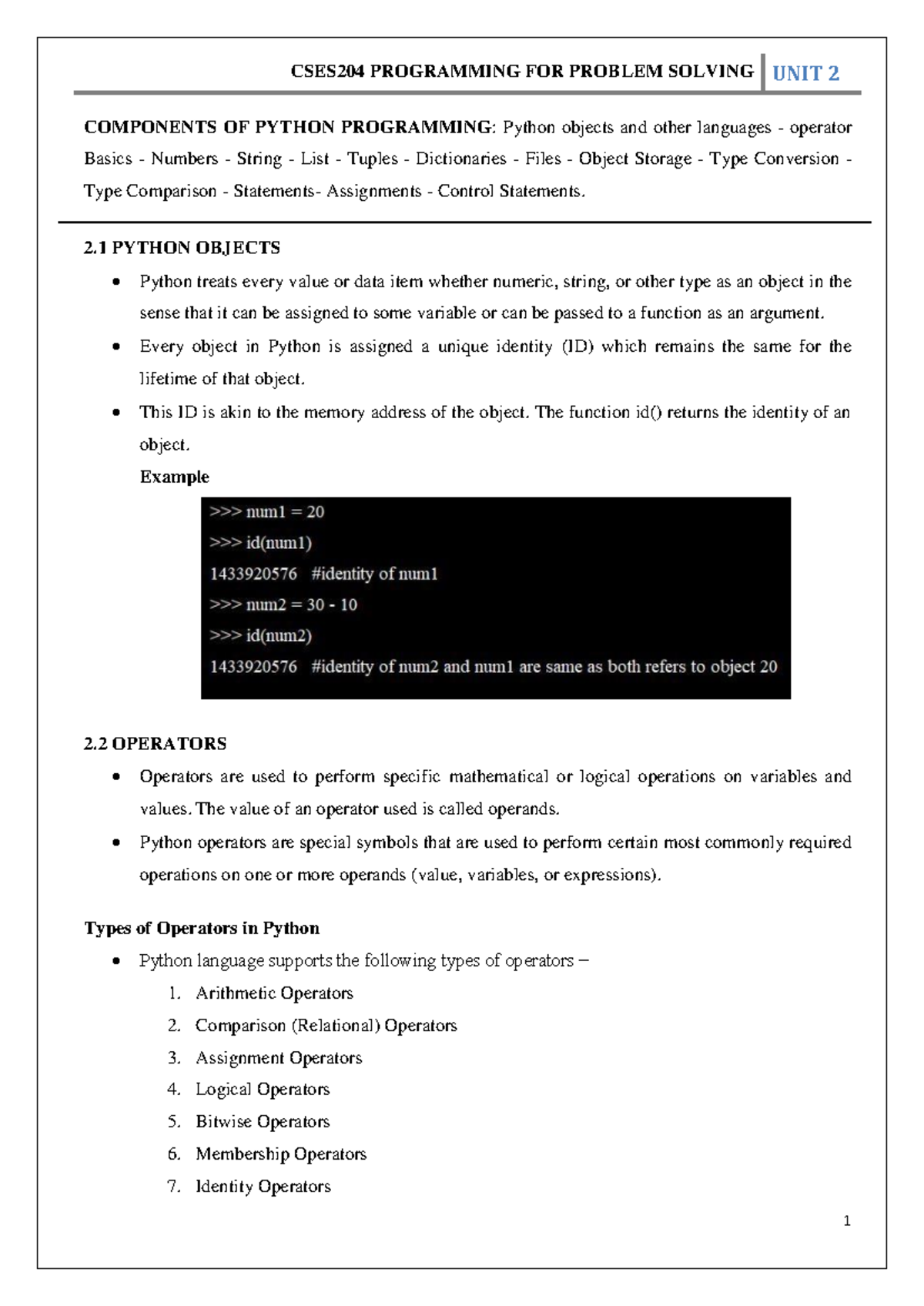 CSES204 Programming for Problem Solving: Unit 2 Study Material - Studocu